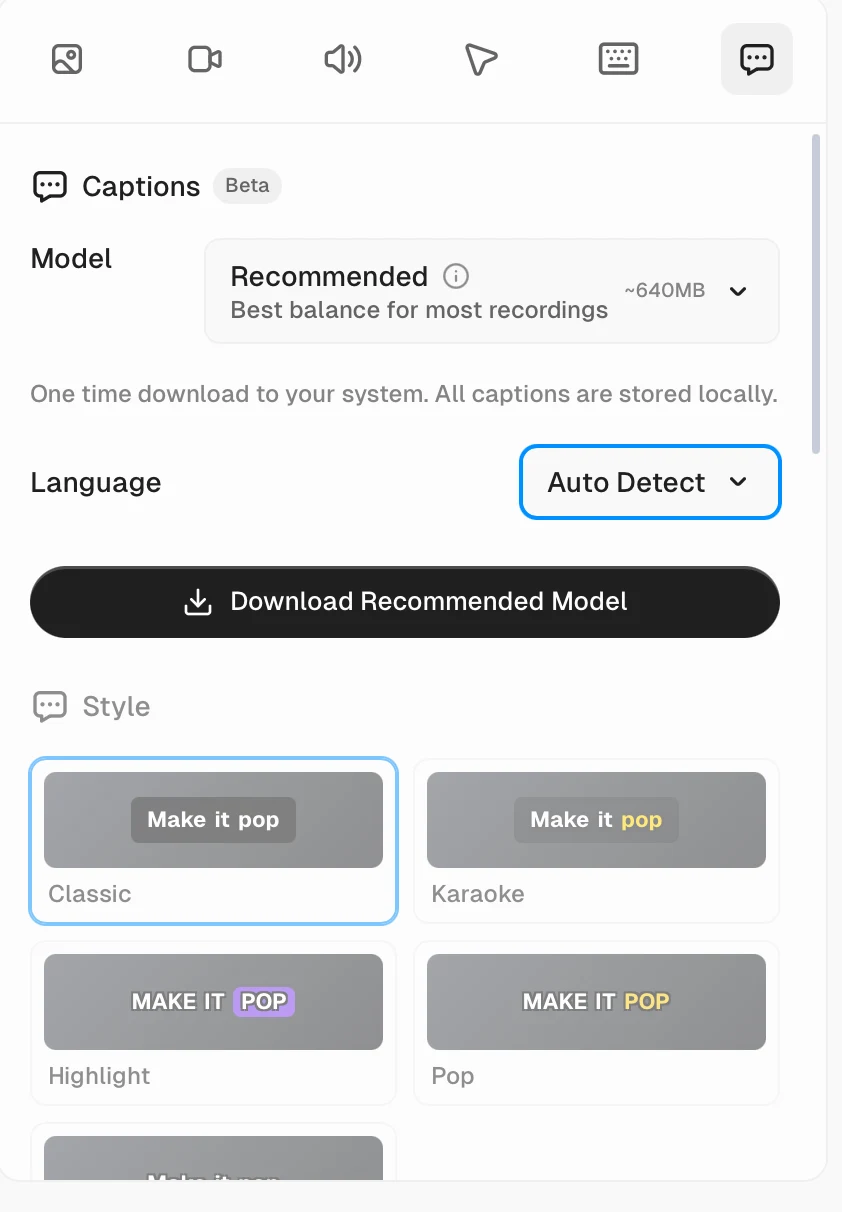 Panel Cap Studio Captions que muestra el modelo de transcripción recomendado descargable, selección de idioma Auto Detectar, almacenamiento local de subtítulos y presets de estilo de subtítulos