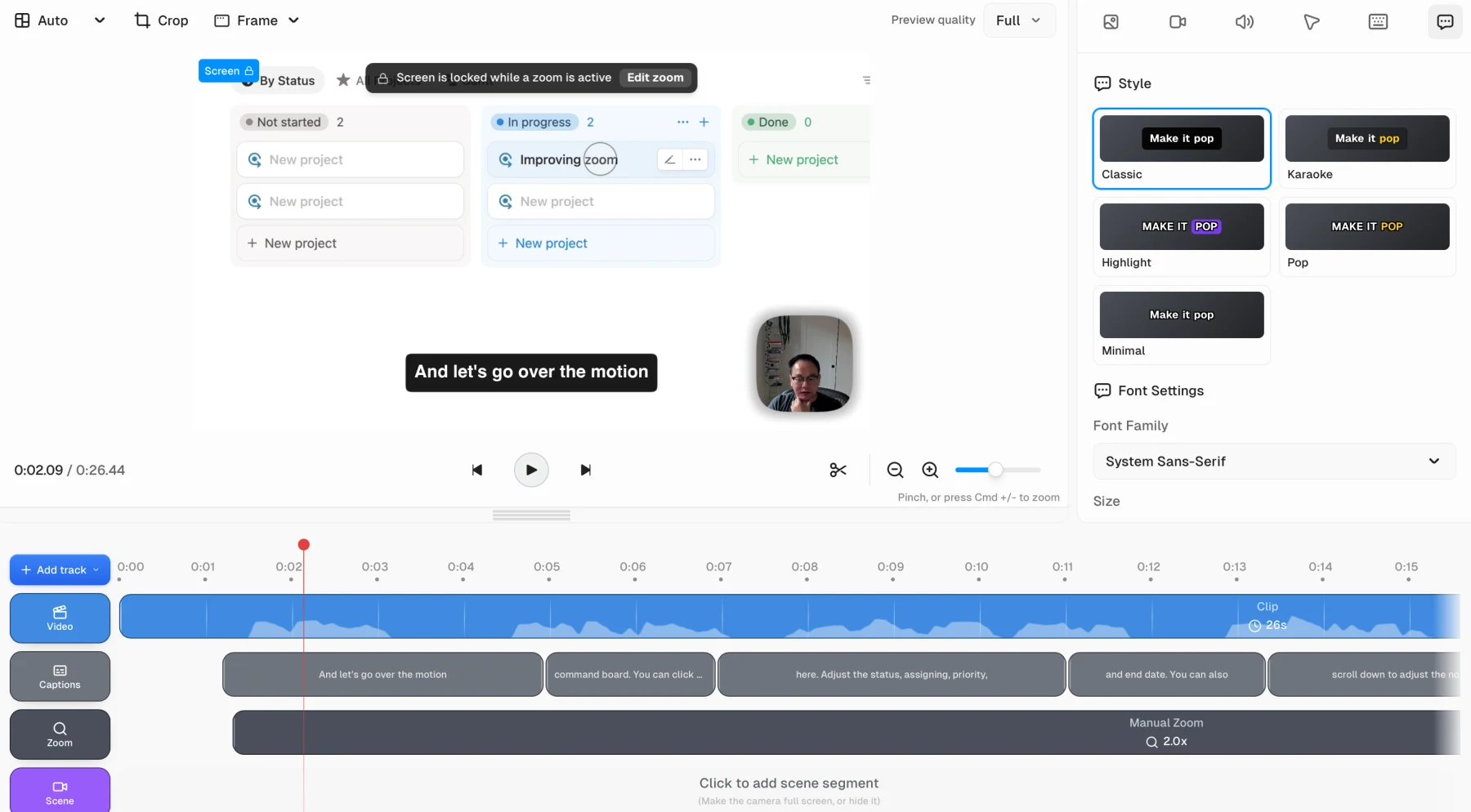 Editor de Cap Studio que muestra segmentos de subtítulos en la línea de tiempo y estilos de subtítulos Classic, Karaoke, Highlight, Pop y Minimal con configuración de fuentes
