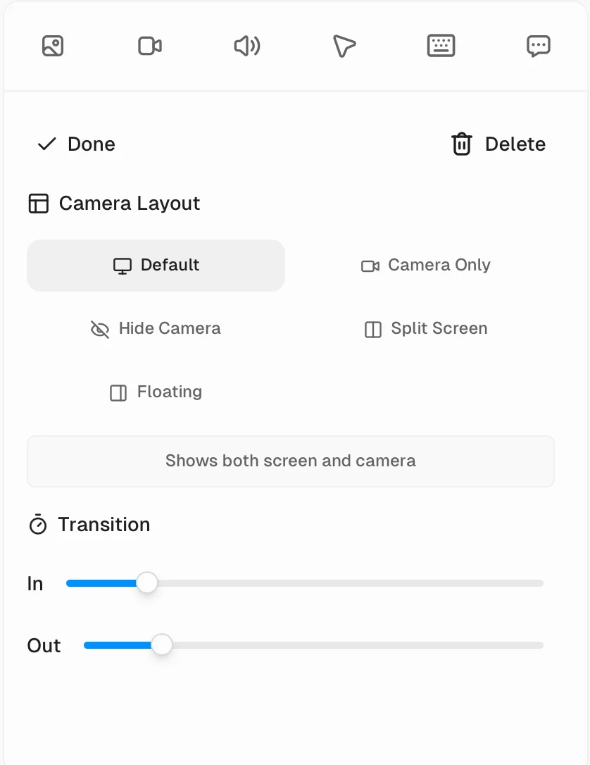 editor de escenas de diseño de cámara de cap studio que muestra predeterminado, cámara solamente, cámara oculta, pantalla dividida y diseños flotantes con controles de transición