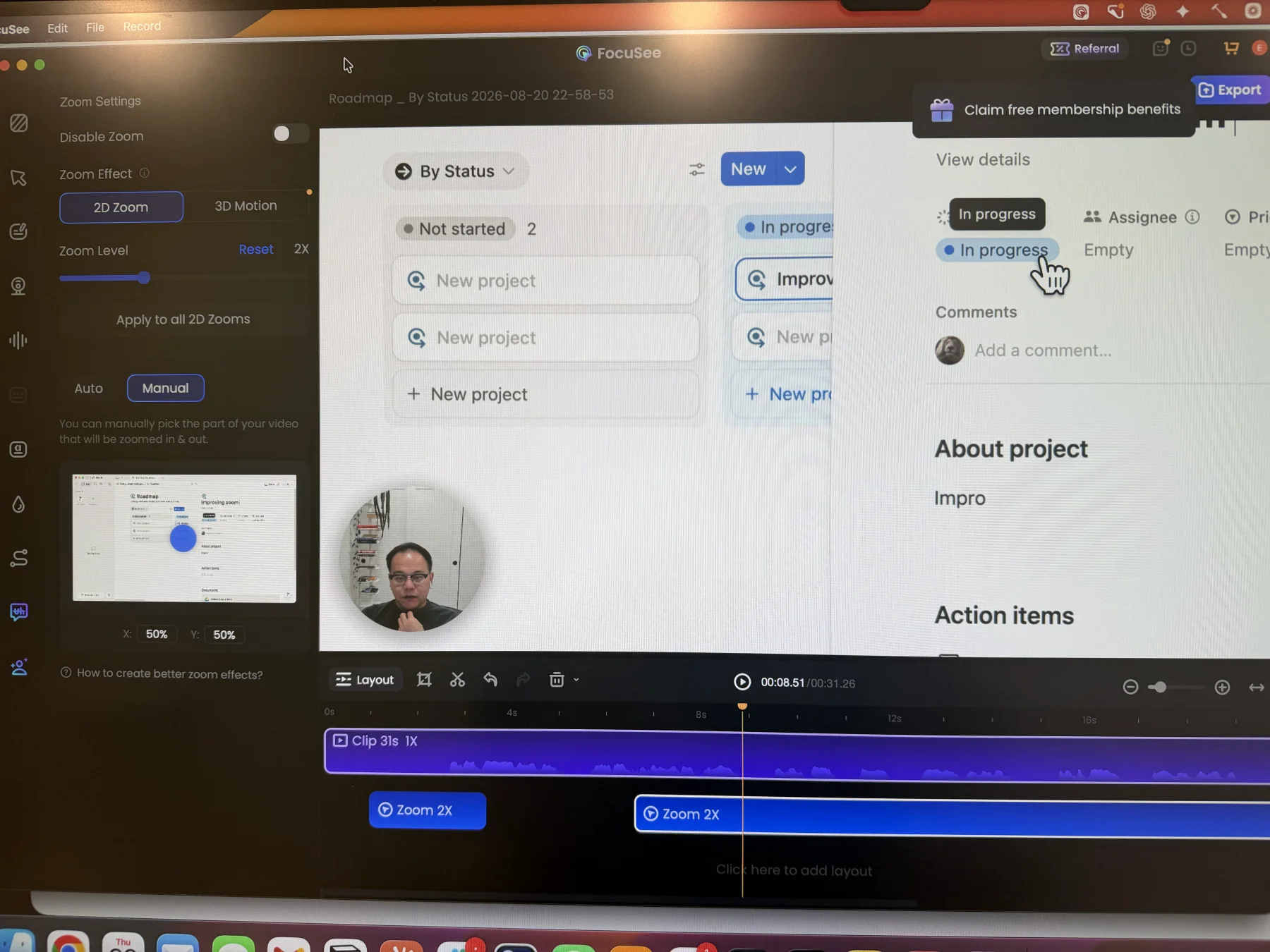 FocuSee Zoom Configuración que muestra un clip de zoom 2D editable, control de nivel de zoom, Aplicar a todos los zooms 2D y posicionamiento de enfoque manual