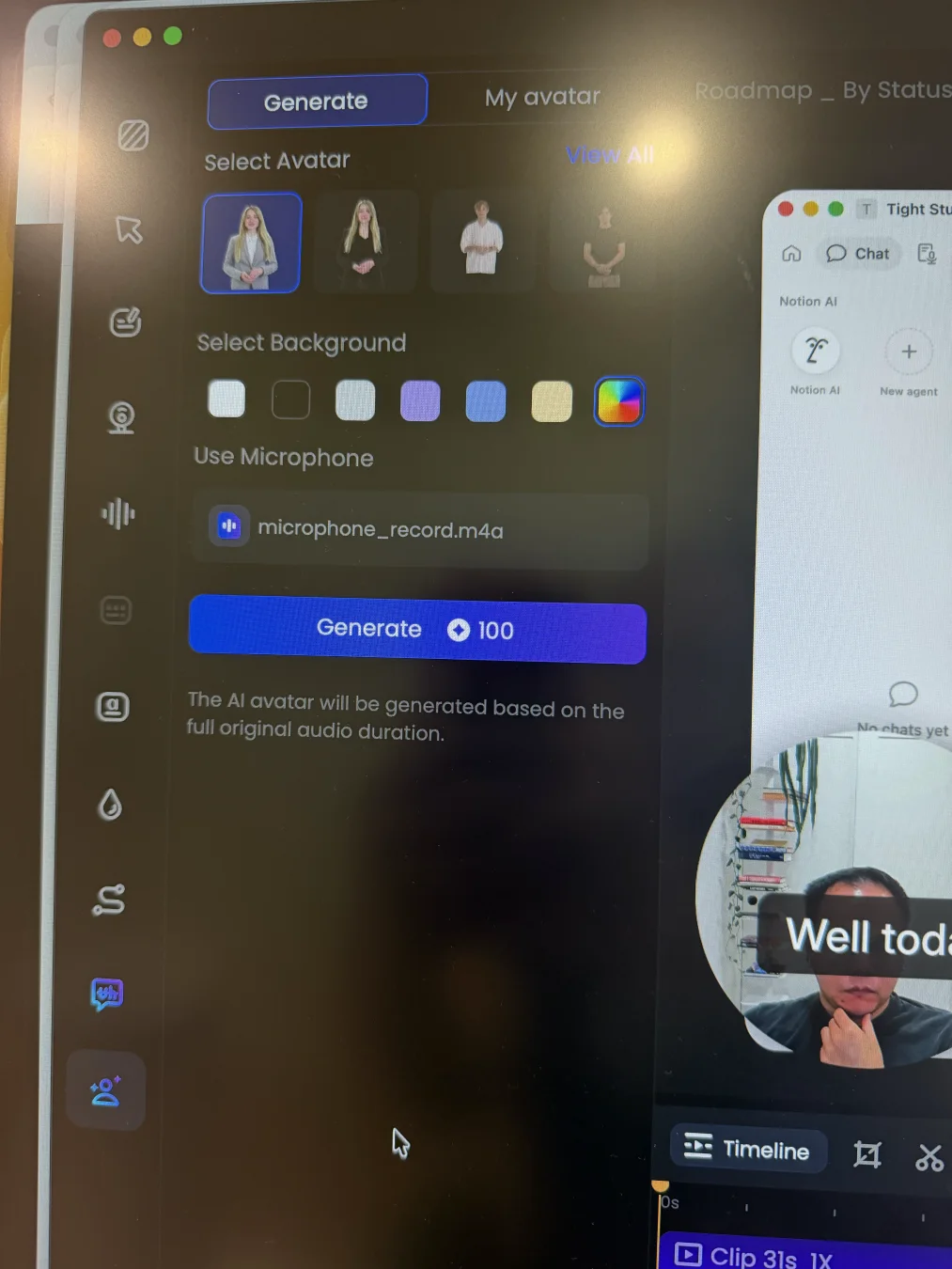 FocuSee AI Generador Avatar que muestra la selección de avatar, colores de fondo, la fuente original micro_record.m4a, un botón de 100 créditos Generar, y una nota de que el avatar utiliza la duración de audio original completa