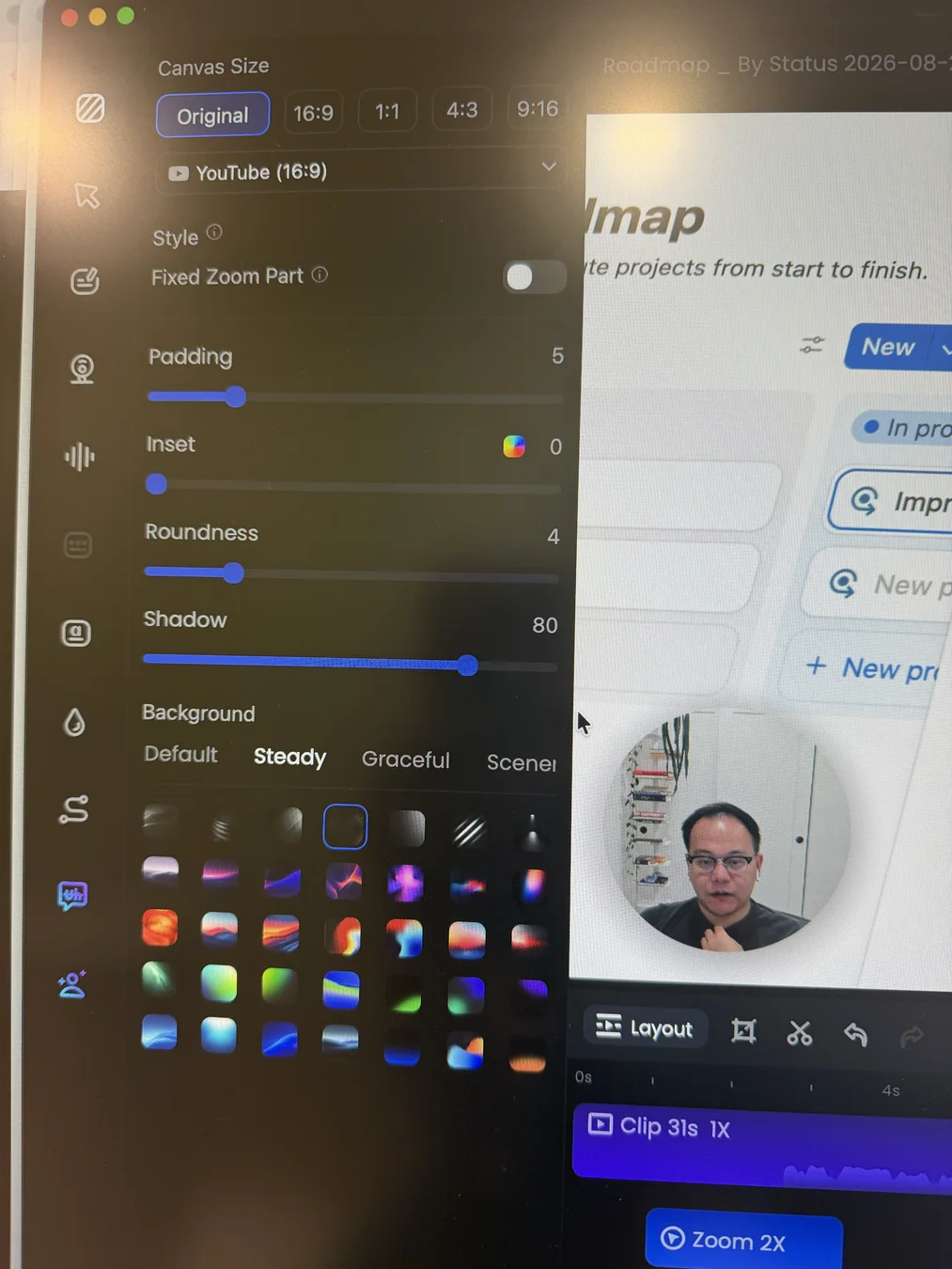 Editor de lienzo y fondo FocuSee que muestra una gran biblioteca de imágenes de fondo categorizada más relación de aspecto, relleno, inset, redondez, sombra y controles de zoom fijo