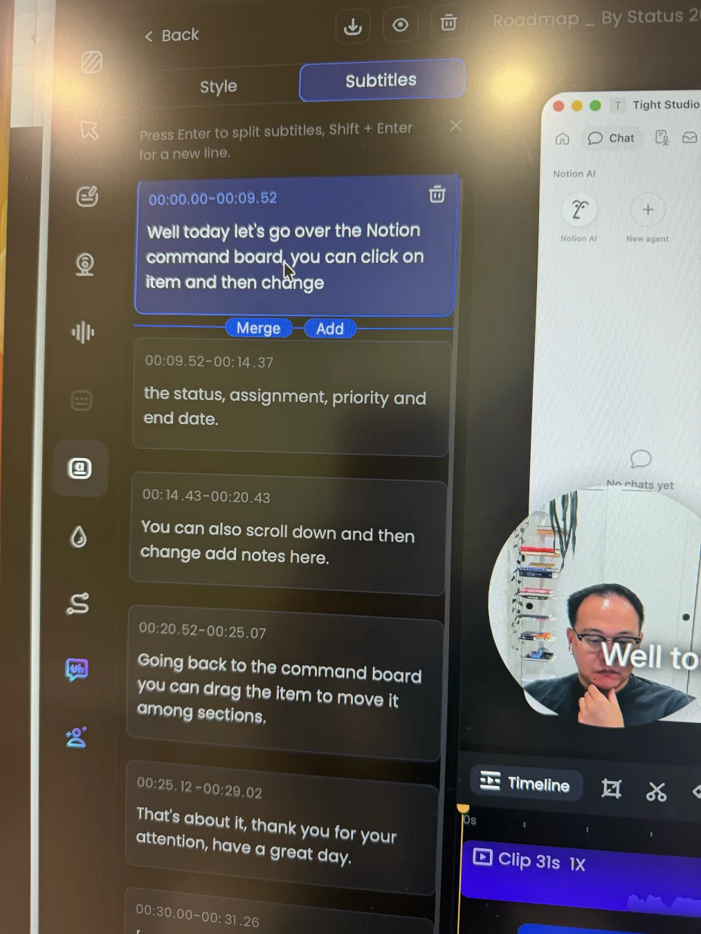 Editor de subtítulos FocuSee mostrando tarjetas de subtítulos con tiempos marcados, edición directa de texto, instrucciones de división y nueva línea, combinación de controles y añadir y acciones de eliminación por tarjeta
