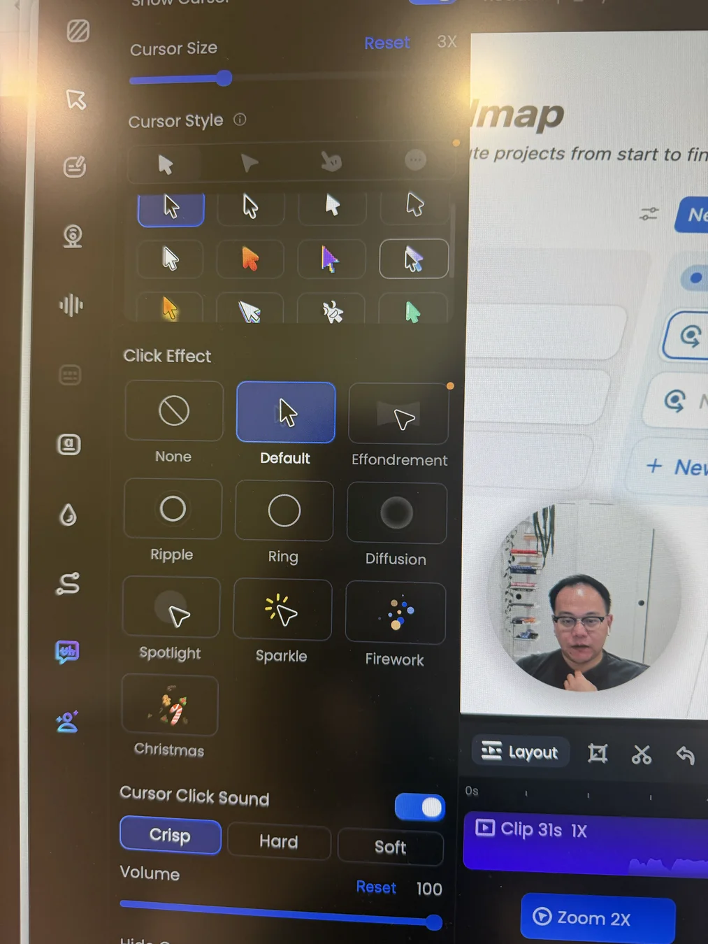 FocuSee Editor de cursor que muestra el tamaño del cursor ajustable, una gran biblioteca de estilo de cursor, efectos de clic incluyendo Ripple, Anillo, Difusión, Spotlight, Chispa y Fuegos artificiales, además de sonidos de clics Crisp, Hard y Soft con control de volumen