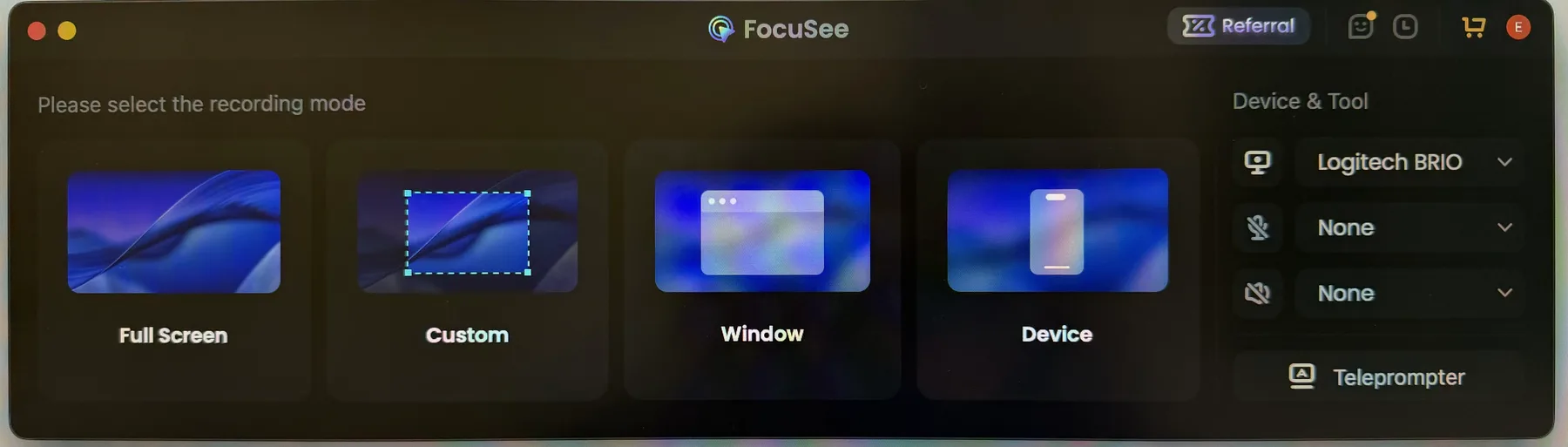 Selector de modo de grabación FocuSee que muestra la pantalla completa, personalizada, ventana y opciones de dispositivos