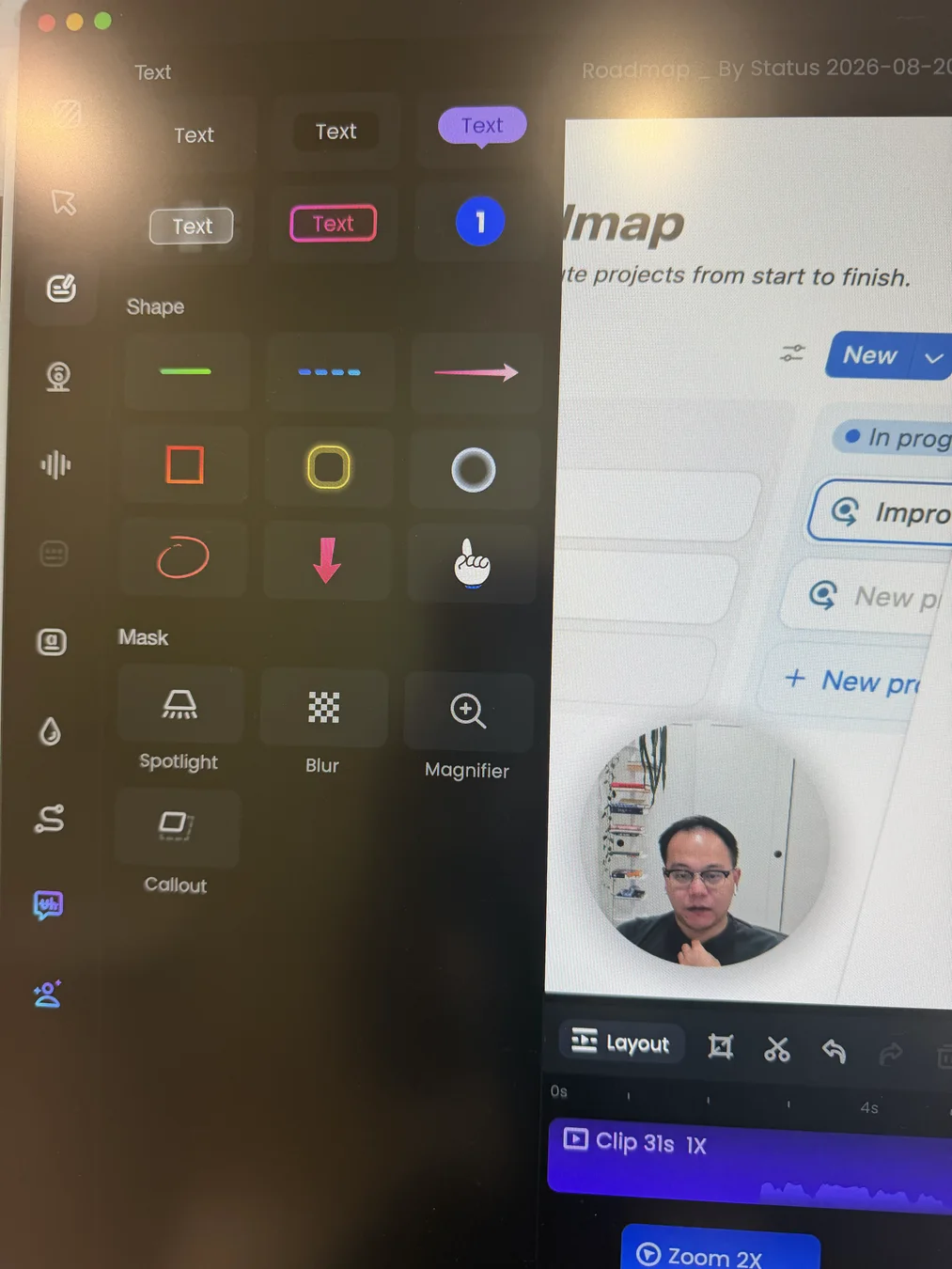 Panel de Anotación FocuSee que muestra estilos de texto, líneas, flechas, rectángulos, elipses, formas de puntero y efectos de máscaras integrados, incluyendo Spotlight, Blur, Magnifier y Callout