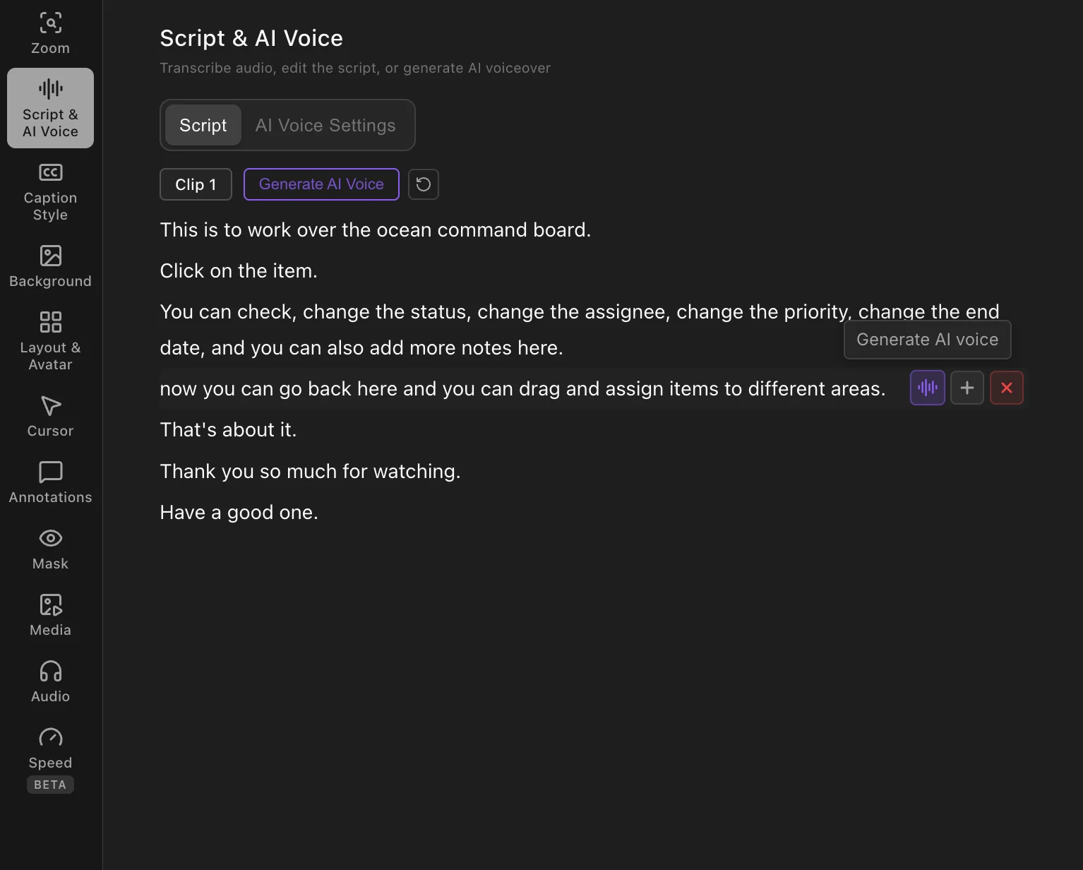 Tight Studio Script y AI Editor de voz que muestra un script editable, Generar controles de voz AI para el clip y el texto seleccionado, y añadir, regenerar y eliminar controles para segmentos de narración individuales