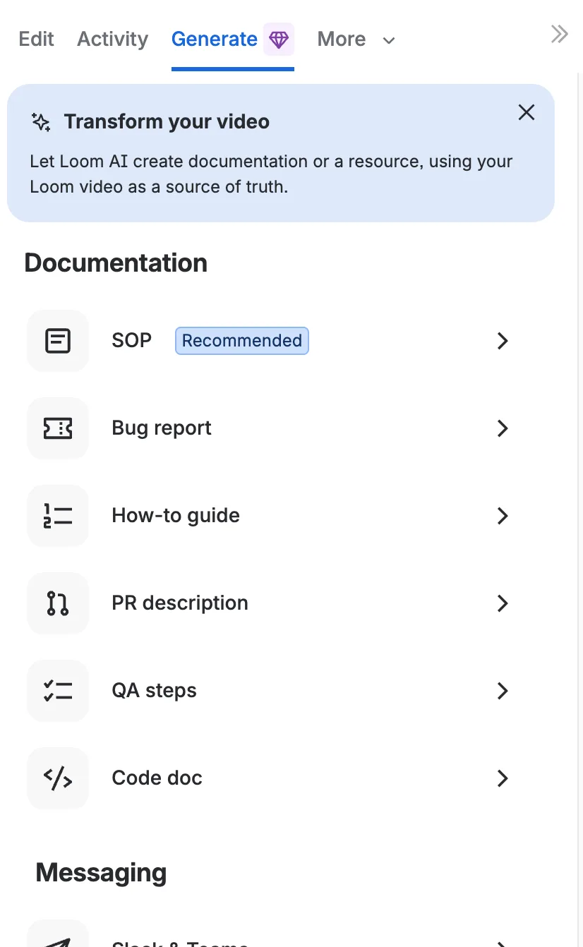 Loom Generar panel que muestra las opciones de flujo de trabajo AI para SOP, informe de error, guía de cómo, descripción de PR, pasos de QA y documentación de código