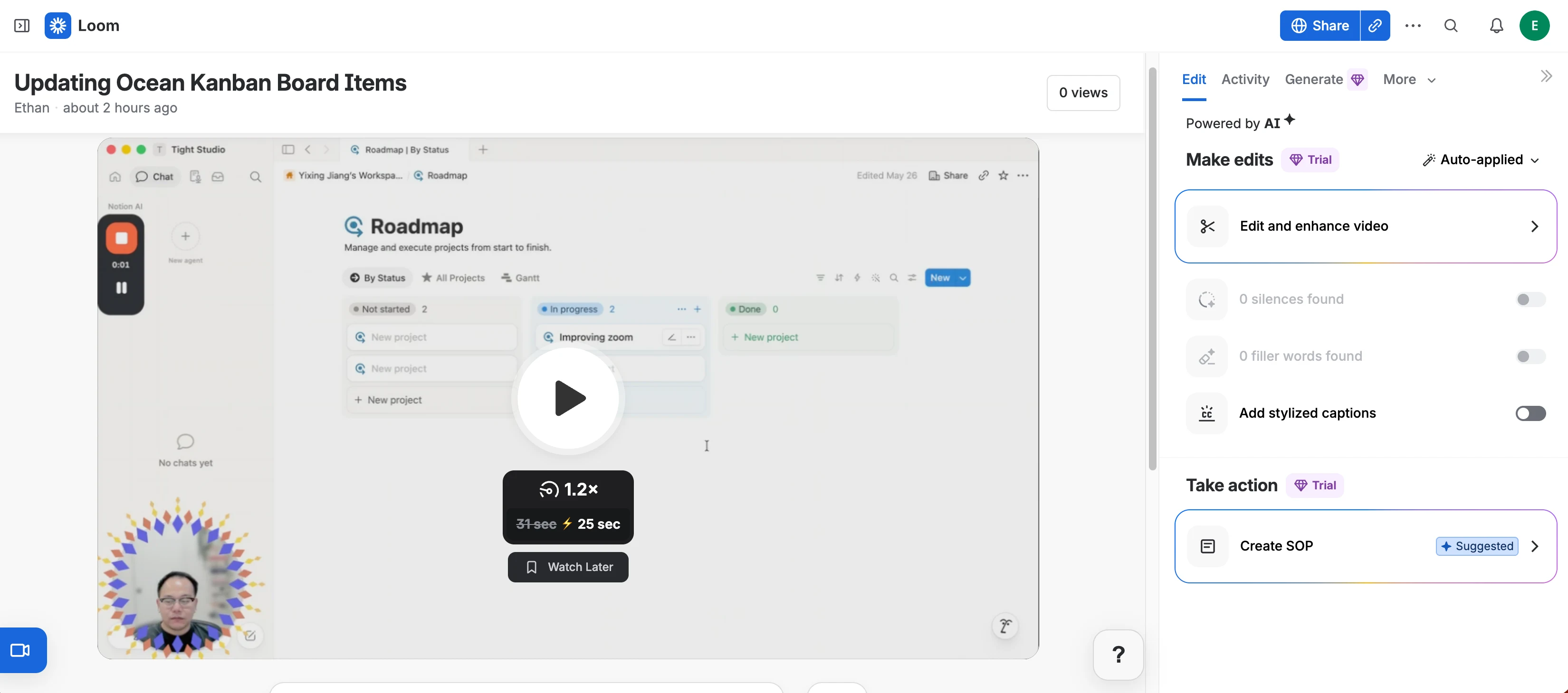 Loom hosted video page showing a finished recording with Share and copy-link controls