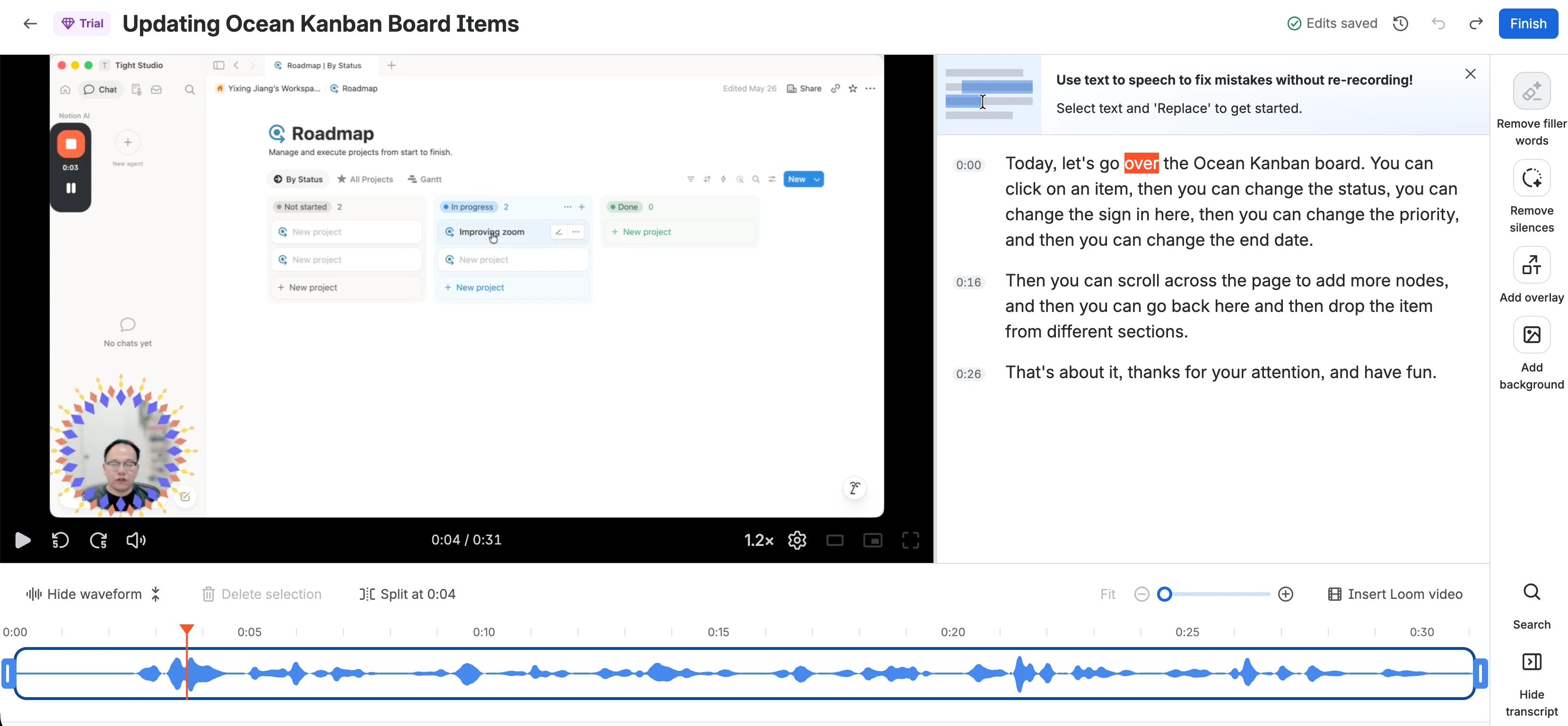 Editor de video Loom mostrando el video y la forma de onda de audio junto a una transcripción con timestampa usada para la edición de video basado en texto