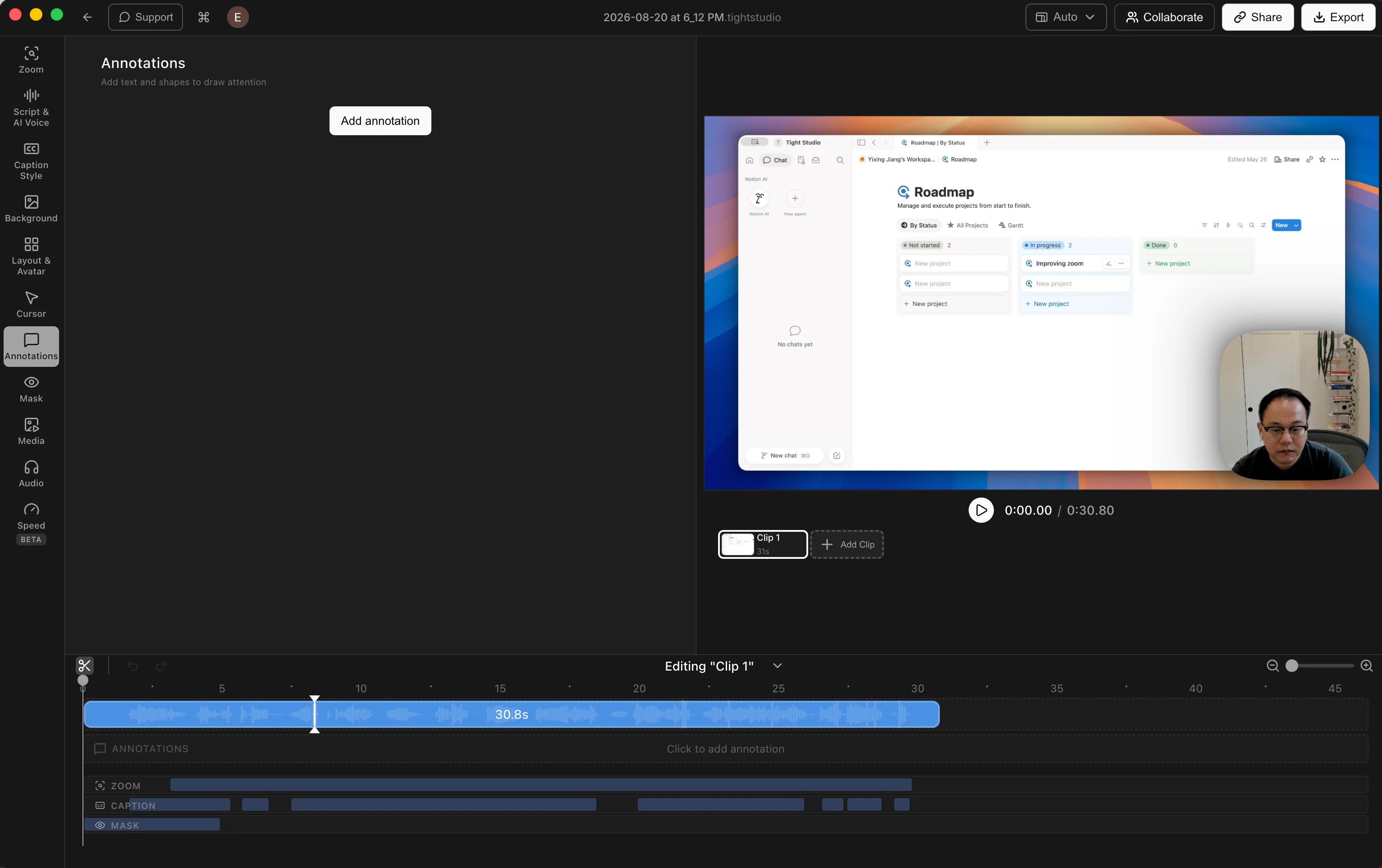 Editor Tight Studio que muestra un rango seleccionado en la forma de onda de video con un control de corte y zoom, título y pistas de máscara debajo de él