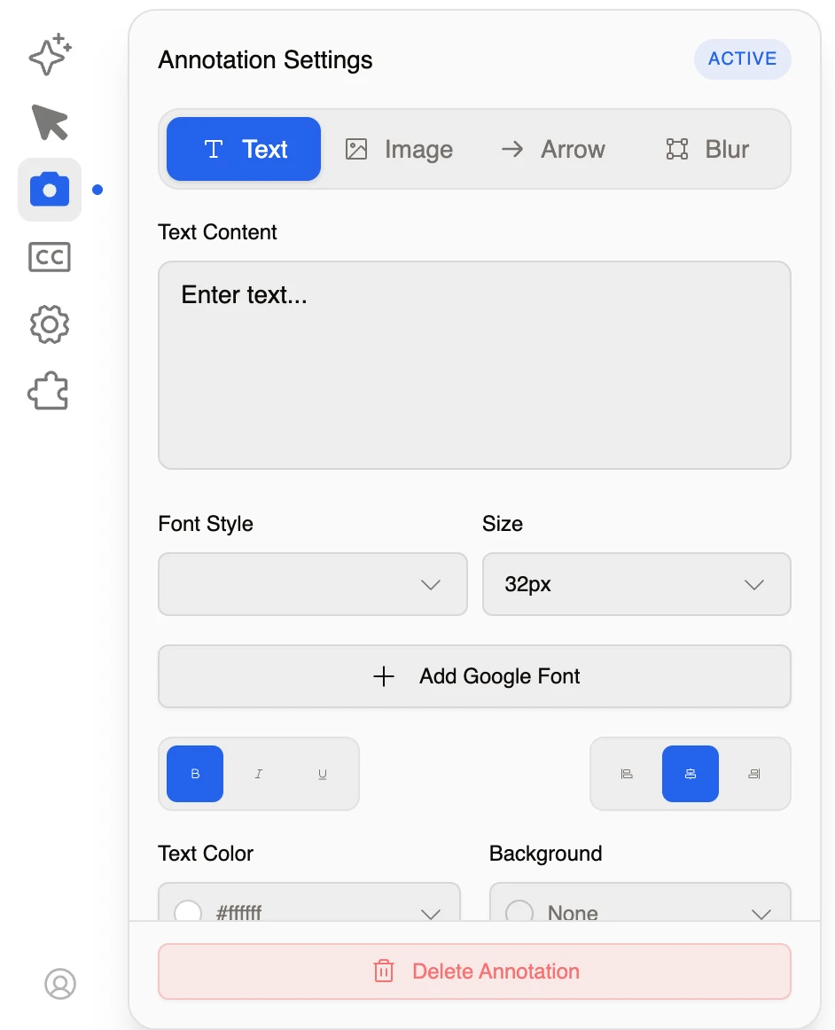 Panel de configuración de la Anotación Recordly mostrando modos de texto, imagen, flecha y desenfoque con contenido de texto, fuente, tamaño, fuente Google, estilo, alineación, color y controles de fondo