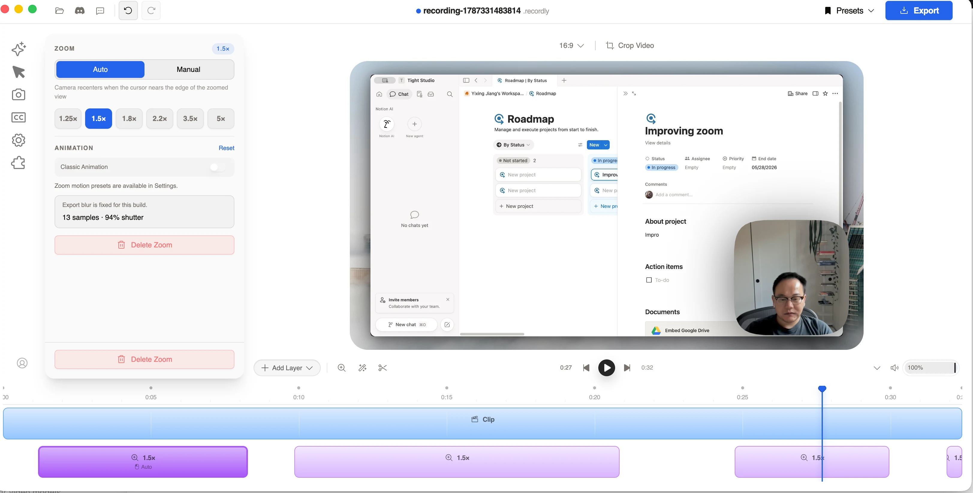 Recordly editor showing an automatic zoom with editable Auto and Manual modes on the timeline