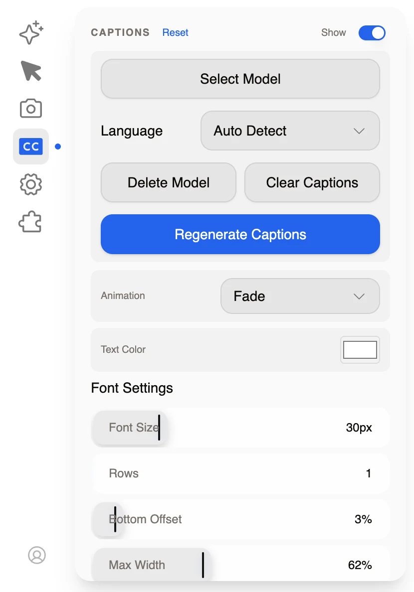 Panel de subtítulos Recordly que muestra la selección de modelos locales, detección automática de lenguaje, regenerar y controles claros, animación de Fade, color de texto, tamaño de fuente, recuento de filas, desplazamiento inferior y configuración de anchura máxima