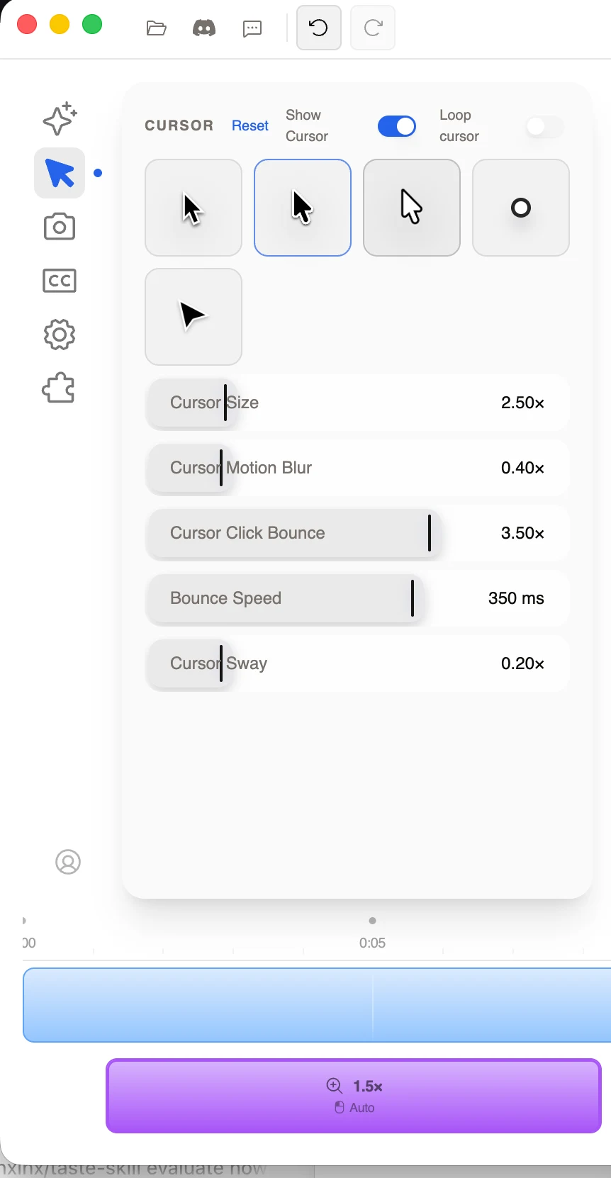 Panel de cursor Recordly que muestra cinco opciones de imagen del cursor más tamaño del cursor, movimiento borroso, rebote de clic, velocidad de rebote, oscilación, visibilidad y controles de bucle