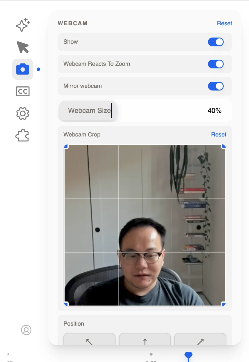 Panel de cámara web Recordly que muestra visibilidad, reacciona contra el zoom y conmutadores de espejo, tamaño de la webcam, una rejilla de cultivo interactiva y controles de posición de esquina