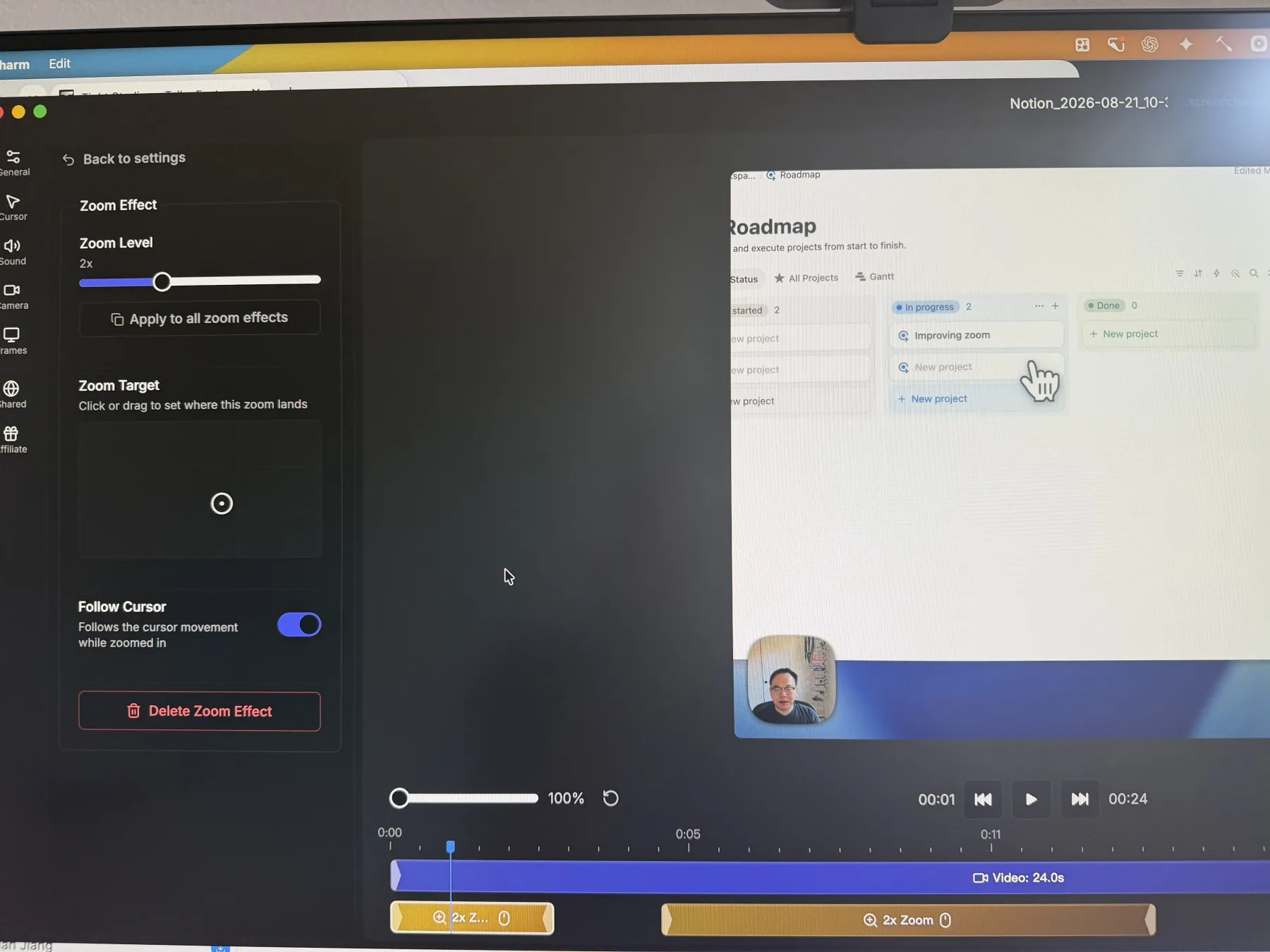 Screen Charm zoom editor showing a 2x automatic zoom, target controls, follow-cursor behavior, and timeline segments