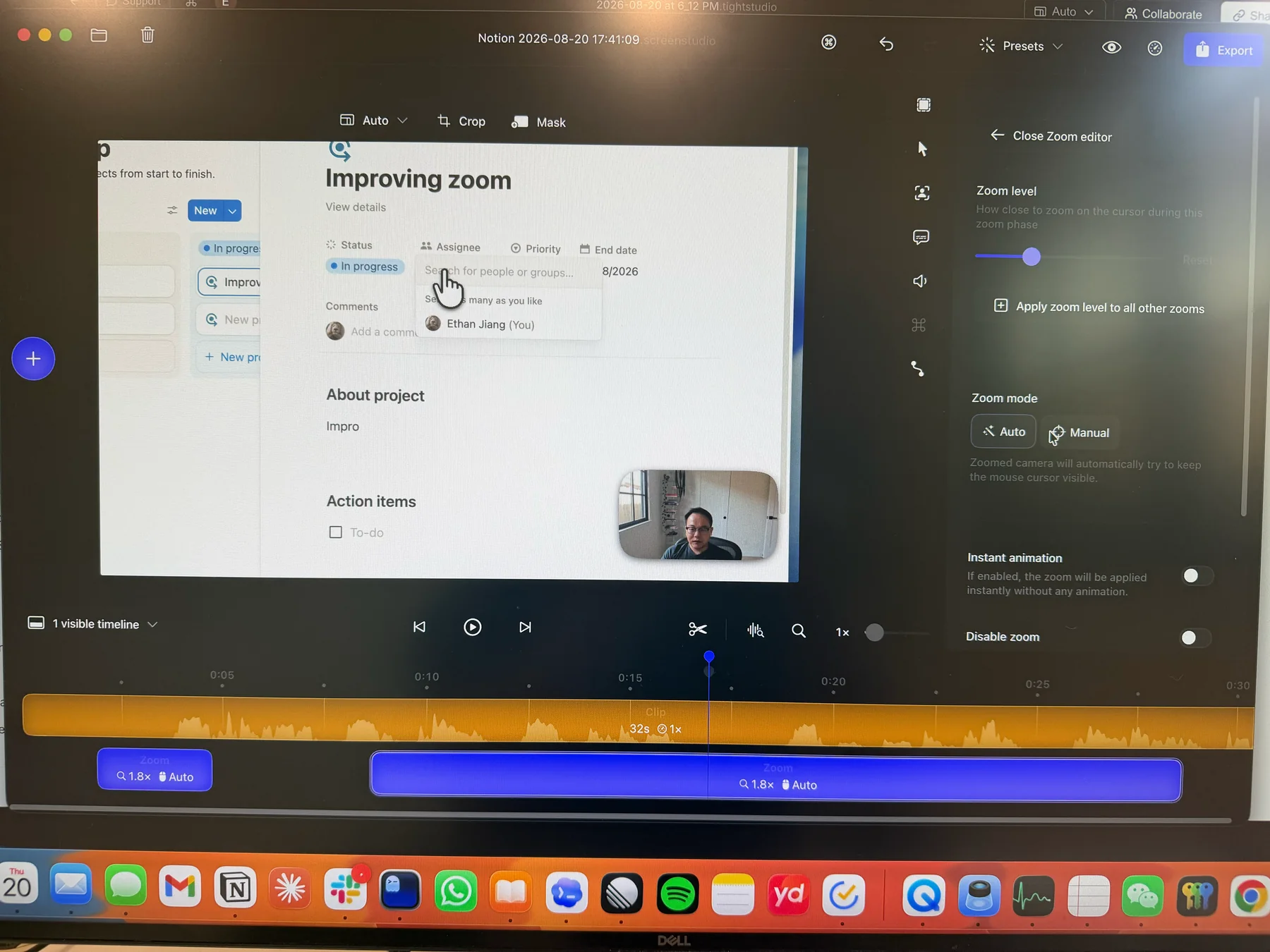 Screen Studio Zoom editor showing an automatic zoom segment, zoom level controls, and editable timeline effects