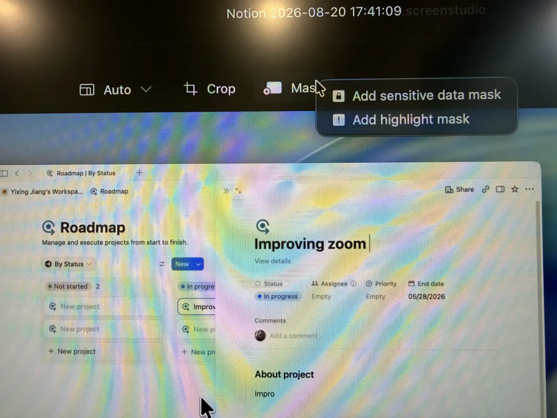 Menú de máscara Screen Studio que muestra Agregar máscara de datos sensibles y Añadir opciones de máscara de resaltado sobre una grabación de pantalla