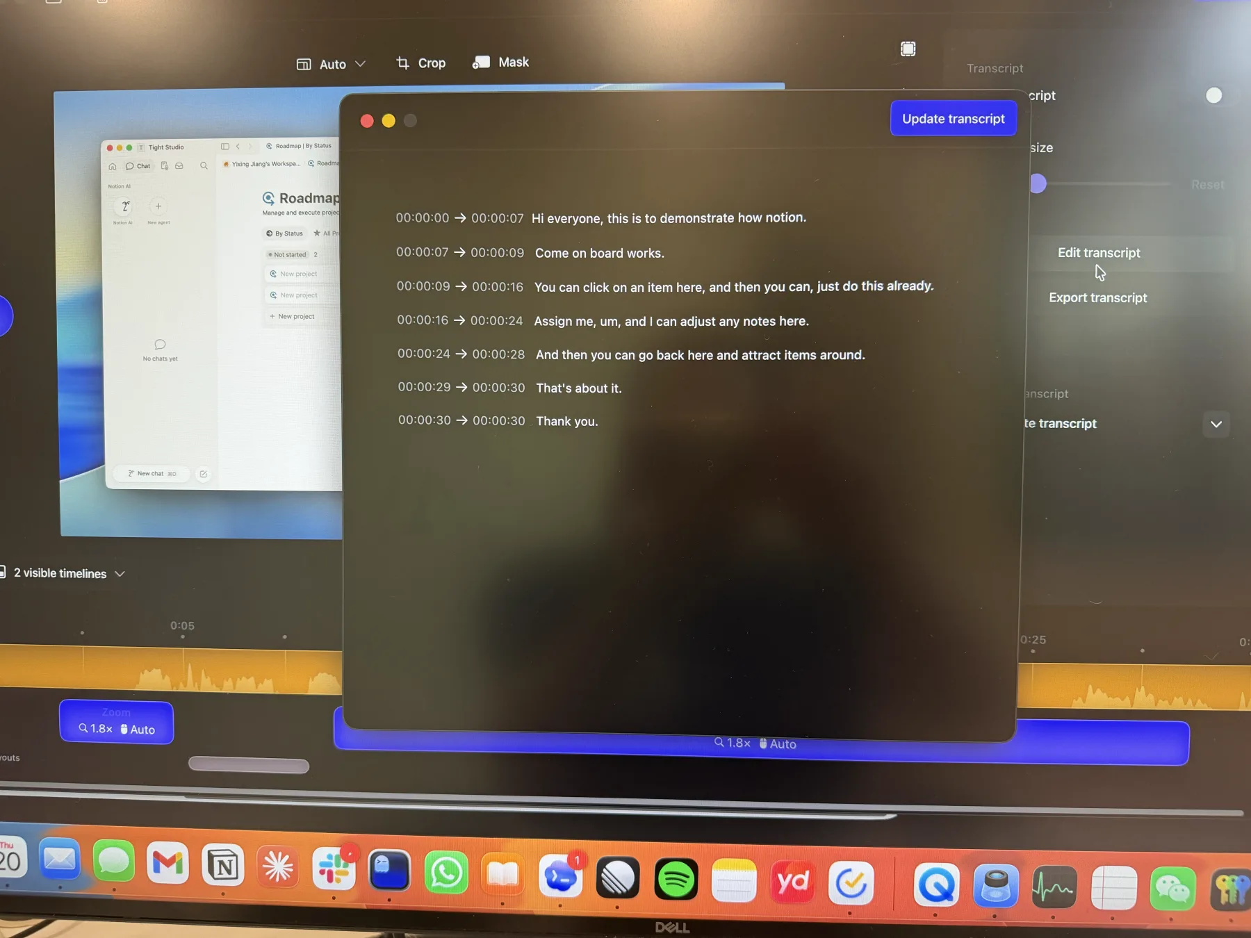 Screen Studio editor de transcripciones modal mostrando líneas de transcripción con tiempos y un botón de actualización de transcripción