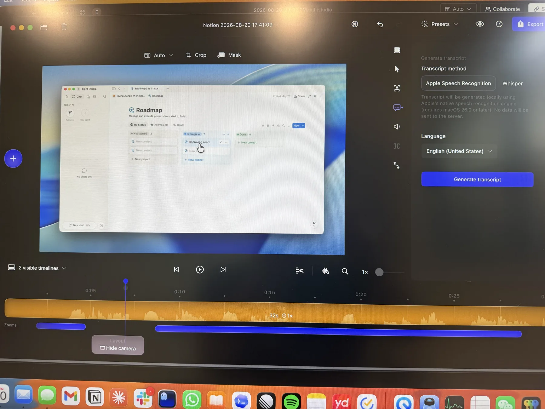Screen Studio Generar panel de transcripción que muestra los métodos locales de Apple de Reconocimiento de Voz y Susurro con un selector de idioma