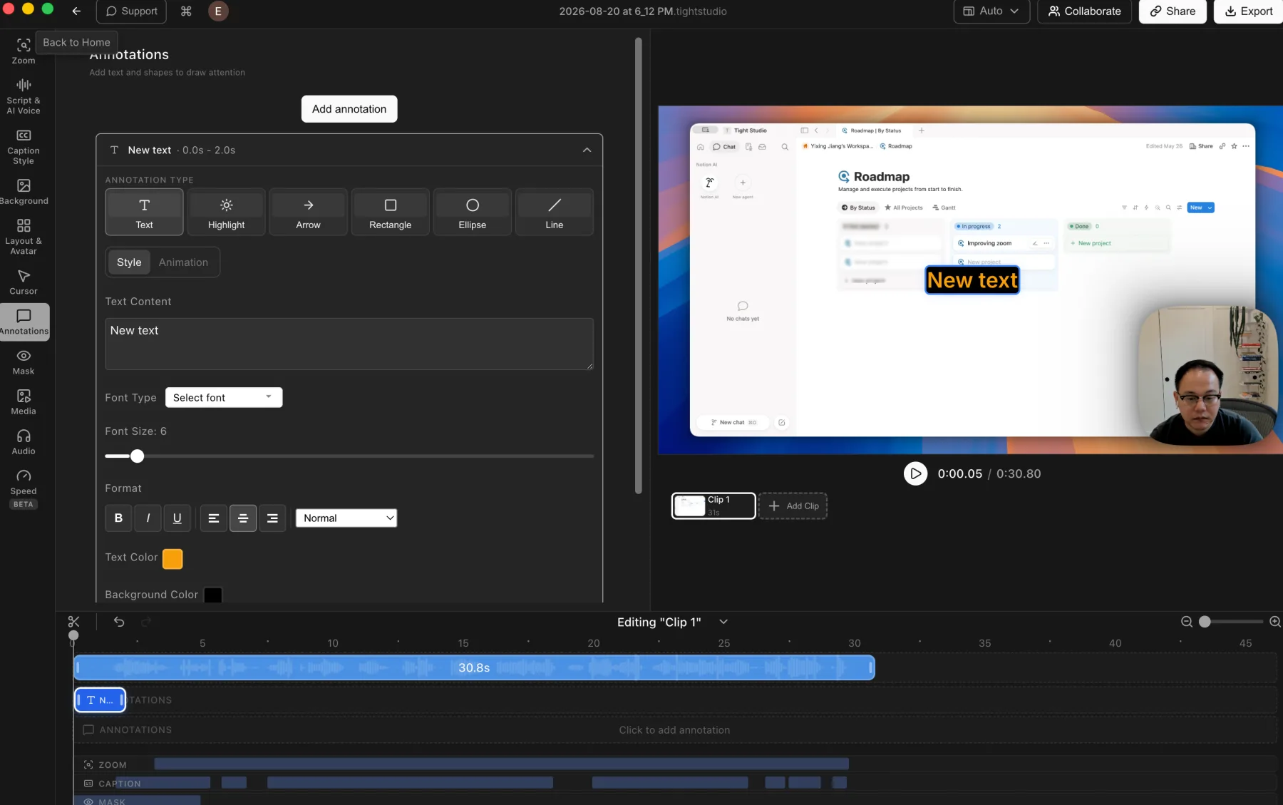 Tight Studio Annotations panel showing text, highlight, arrow, rectangle, ellipse, and line tools with text styling and animation controls