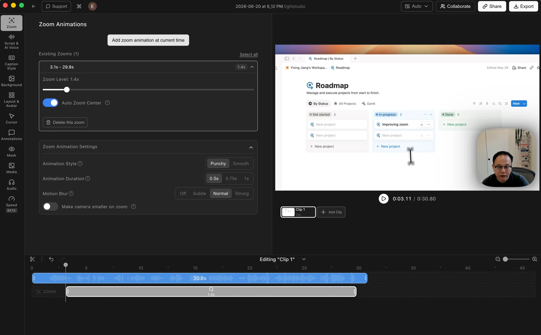 Tight Studio Zoom Animations editor showing a zoom segment and controls for zoom level, auto-centering, animation duration, motion blur, and camera size