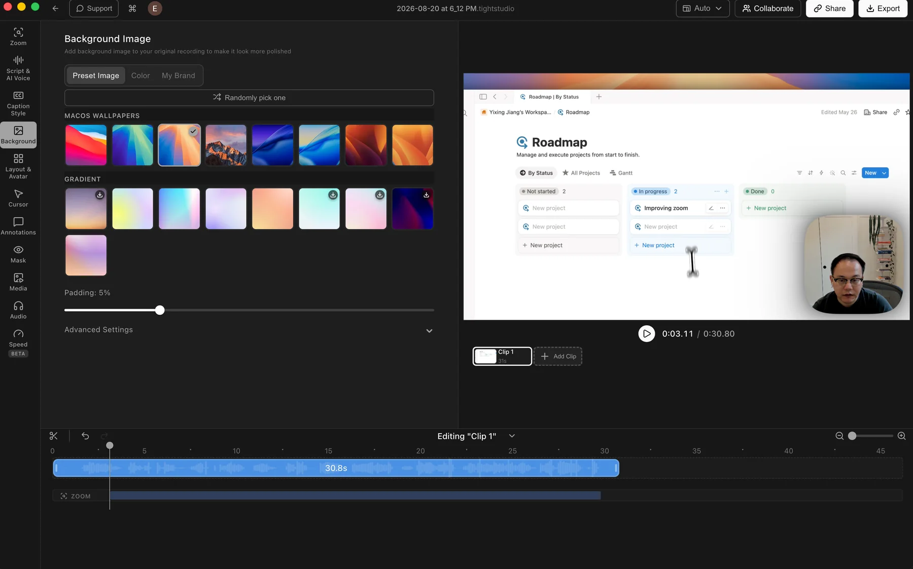Panel de imagen de fondo Tight Studio que muestra los fondos de pantalla macOS preestablecidos, gradientes, color personalizado y pestañas de Mi marca, y un control de relleno