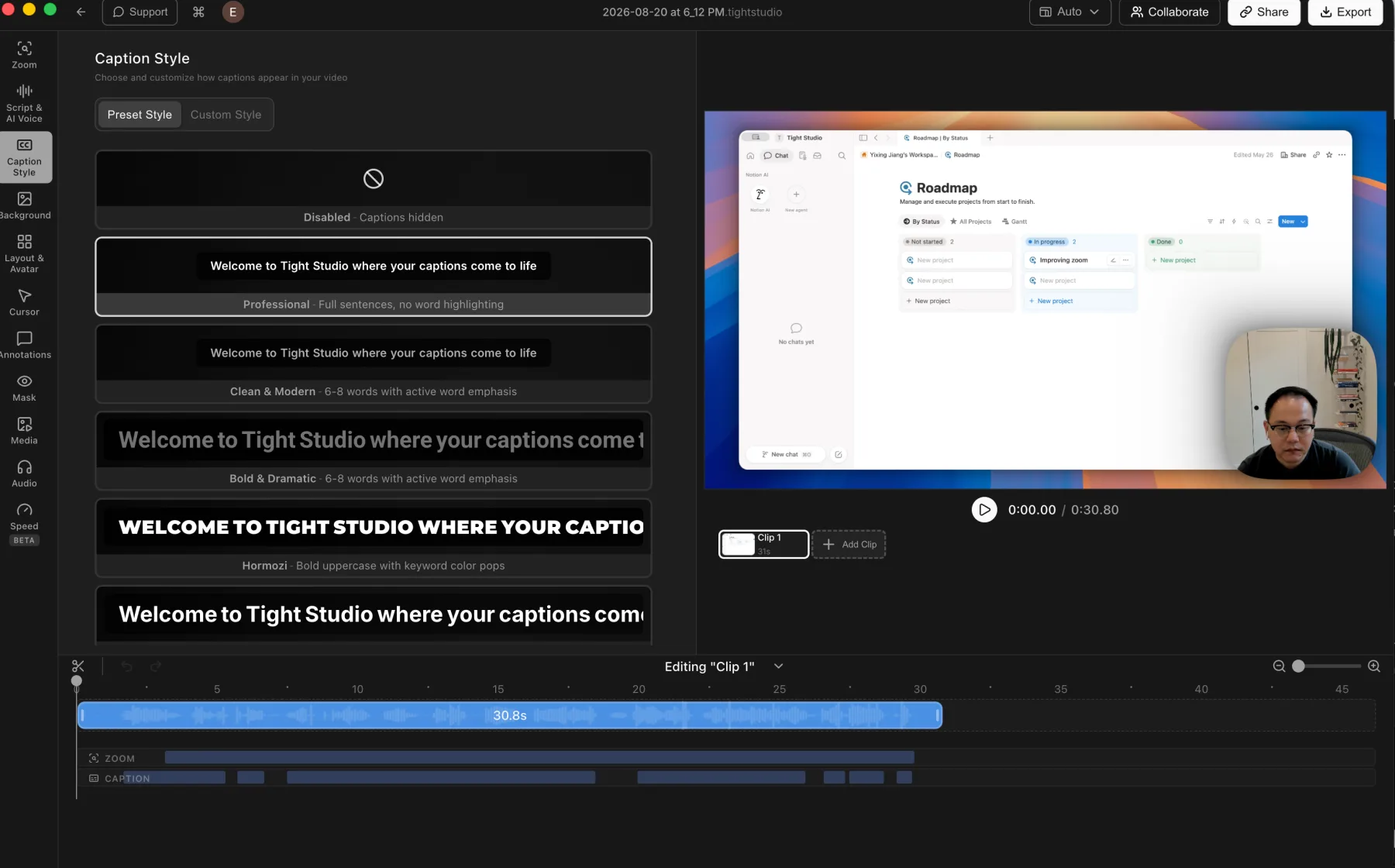 Tight Studio Caption Style panel showing caption presets and a Custom Style tab with detailed appearance controls