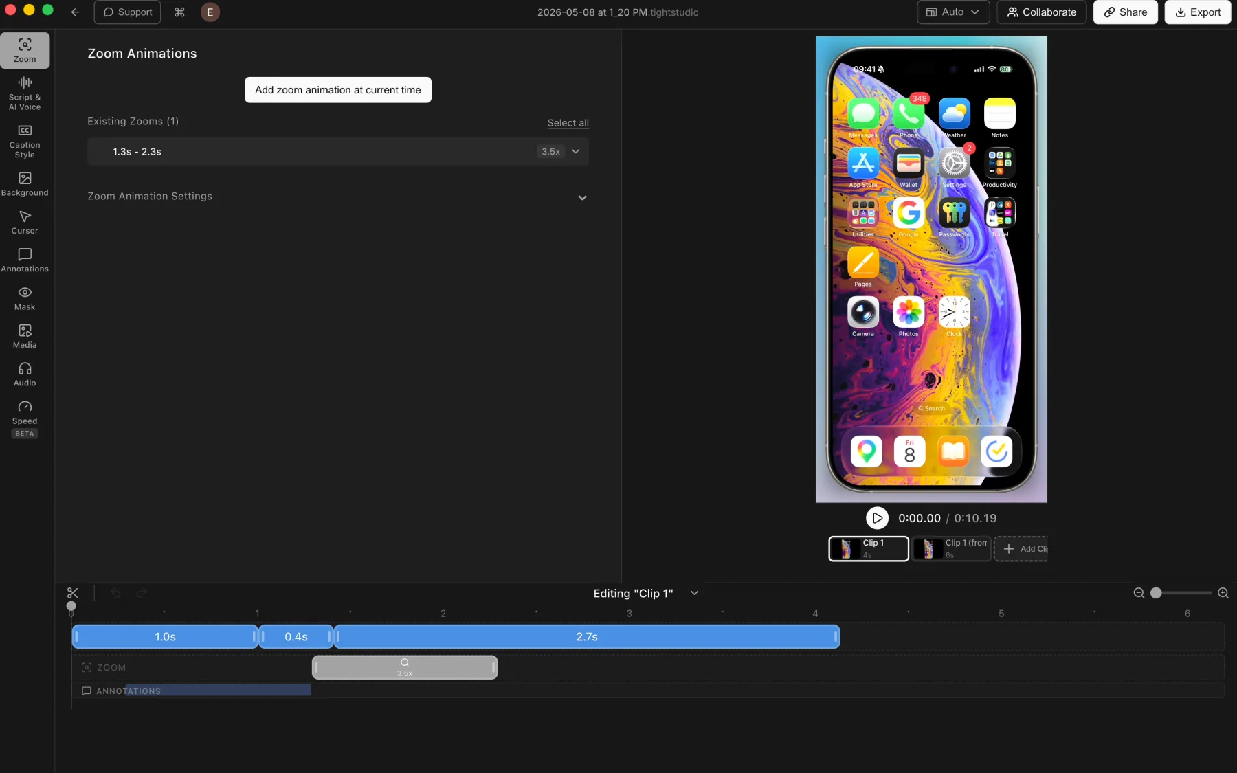 Tight Studio editor showing a connected iPhone screen recording inside a mobile device frame with zoom and annotation tracks on the timeline