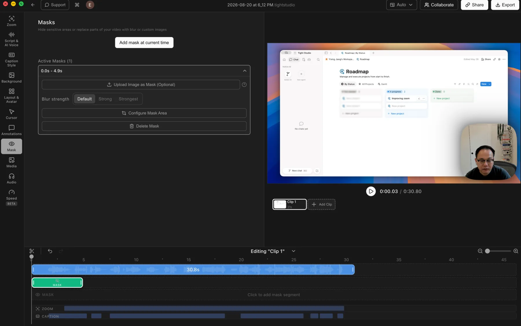 Tight Studio Masks panel showing a timed privacy mask, blur strength options, custom image replacement, mask-area controls, and the mask track on the timeline