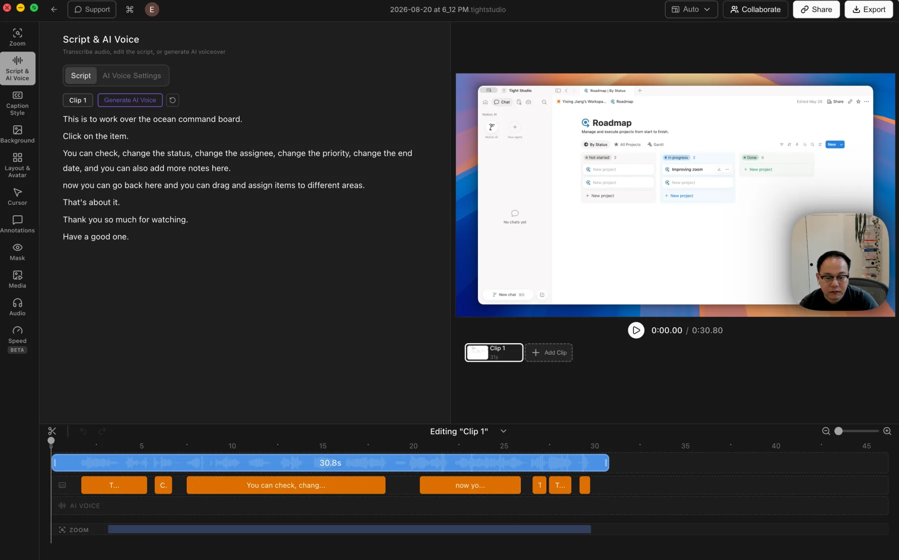 Tight Studio Script and AI Voice panel showing an editable transcript beside synchronized caption segments on the timeline