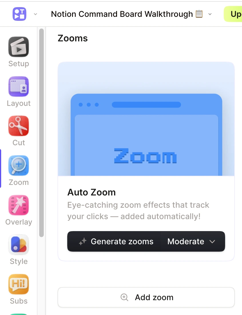 Tella Zooms panel showing automatic zoom styles and the Generate zooms control