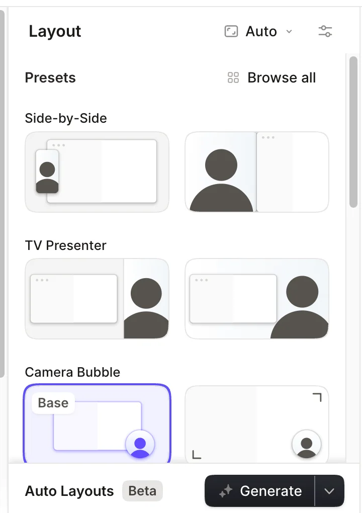 Panel de diseño Tella que muestra los presets de TV, ZXQ y Bubble de cámara y el botón Generar autodiseños