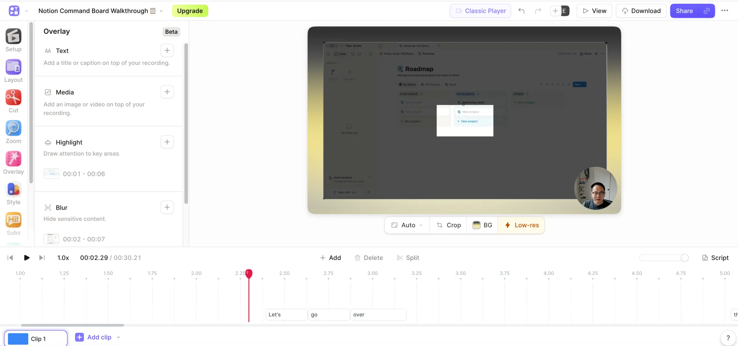 Panel de superposición Tella que muestra las herramientas Texto, Medios, Resaltar y Desenfocar con efectos de resaltado y desenfoque cronometrados en la línea de tiempo del editor