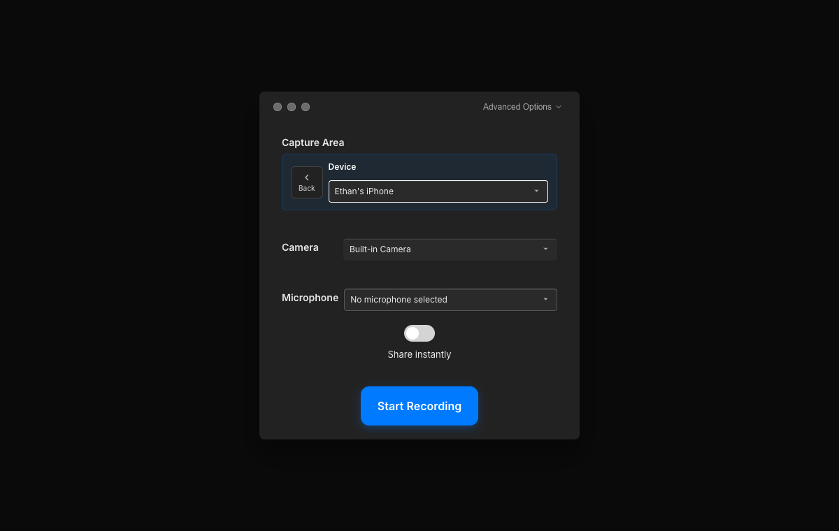 Tight Studio recording controls with a connected iPhone selected as the capture device
