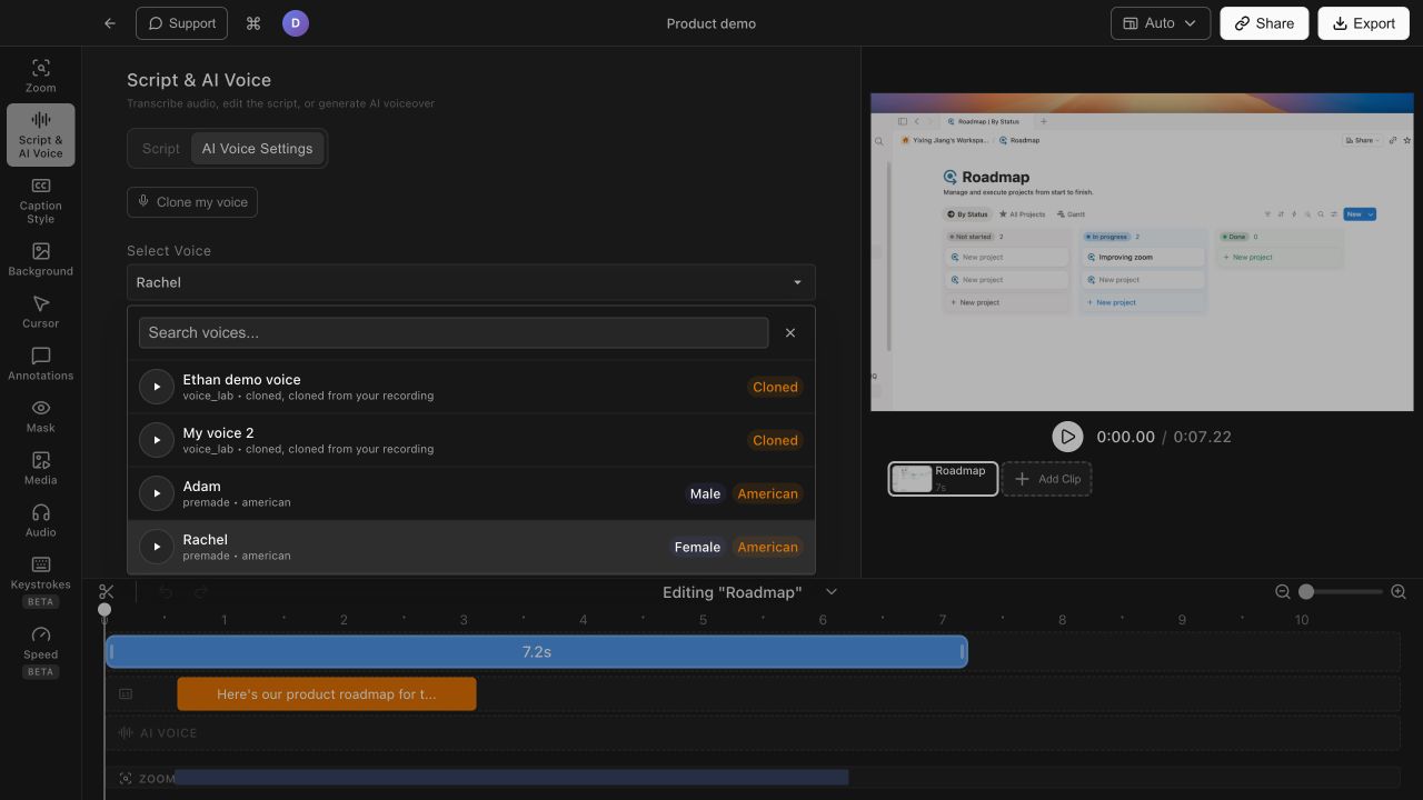 Tight Studio AI voice library showing cloned voices and premade male and female narration options