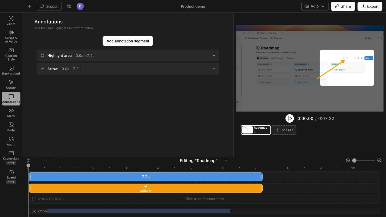 Highlight and arrow annotations guiding attention to a roadmap card in the Tight Studio preview