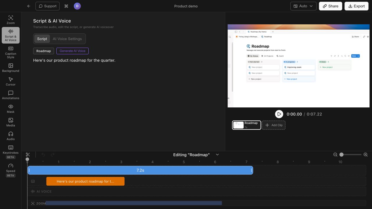 Editable product roadmap script and Generate AI Voice control in the Tight Studio editor