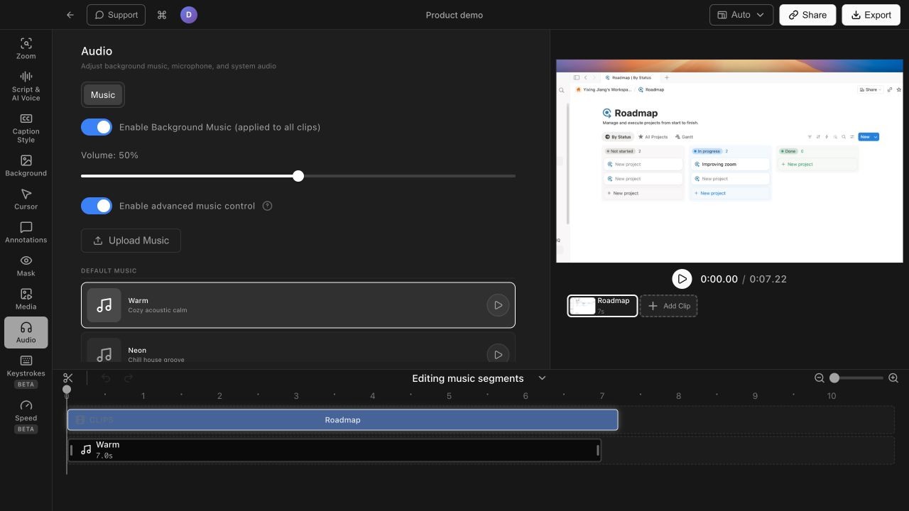 Tight Studio Audio panel showing the Warm and Neon tracks in its built-in music library