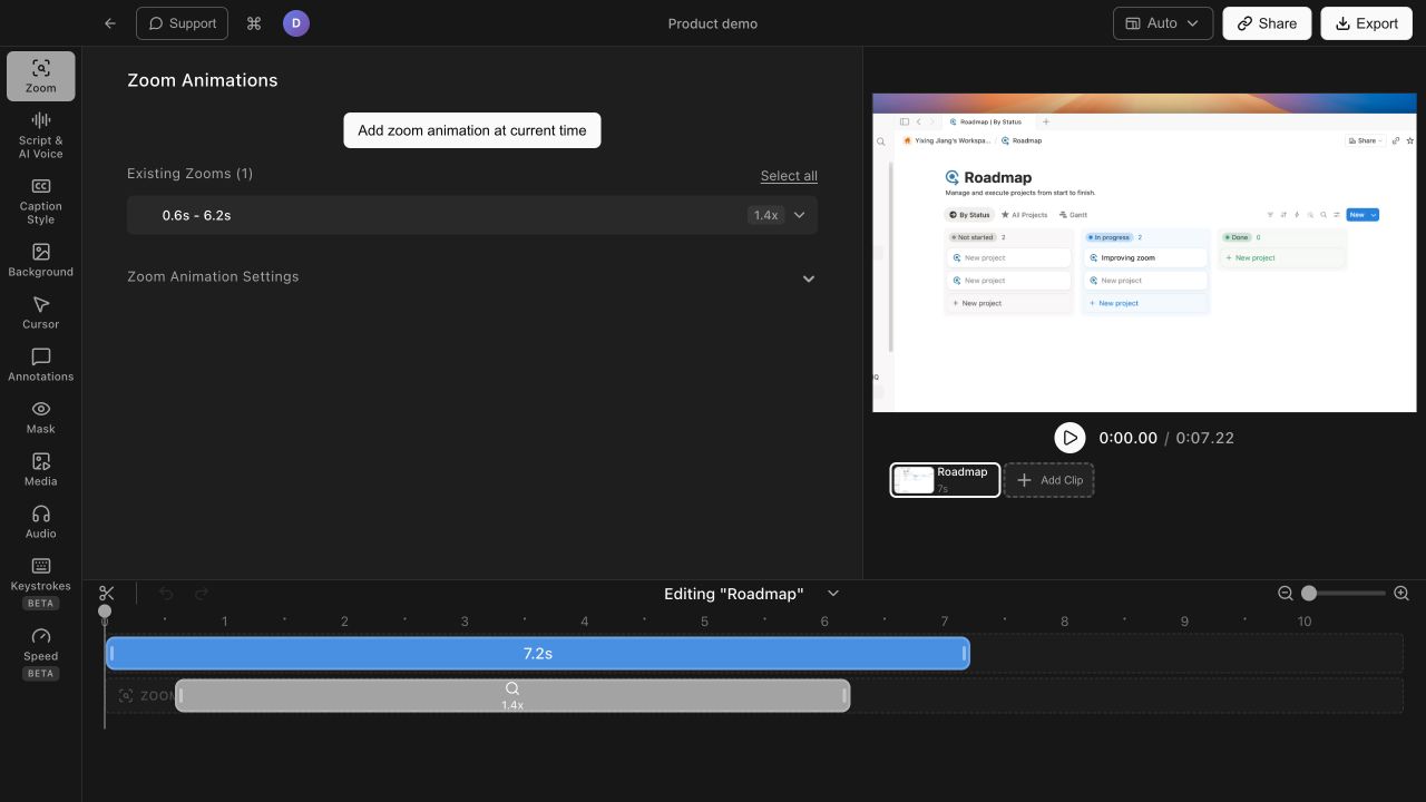 Tight Studio Zoom Animations panel showing an automatically detected zoom segment beside a rendered product demo
