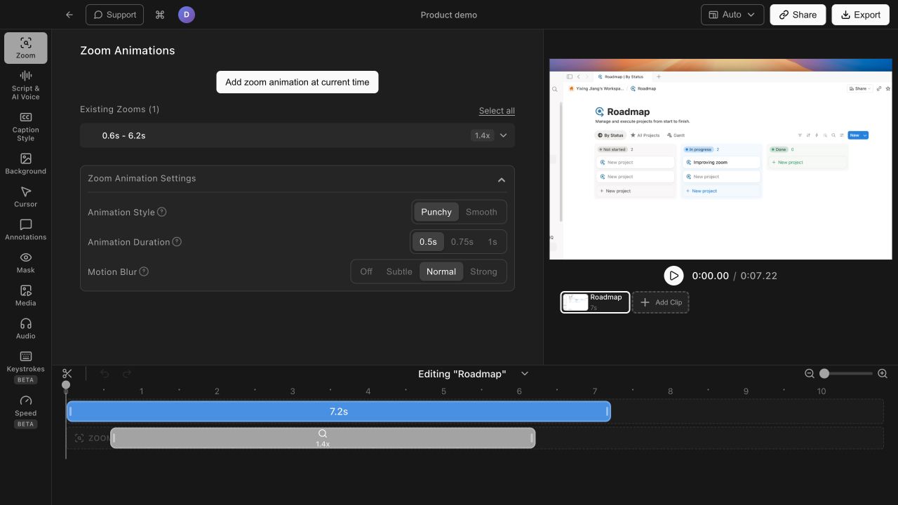 Expanded Tight Studio zoom settings showing punchy or smooth motion, duration, and motion blur controls without keyframes
