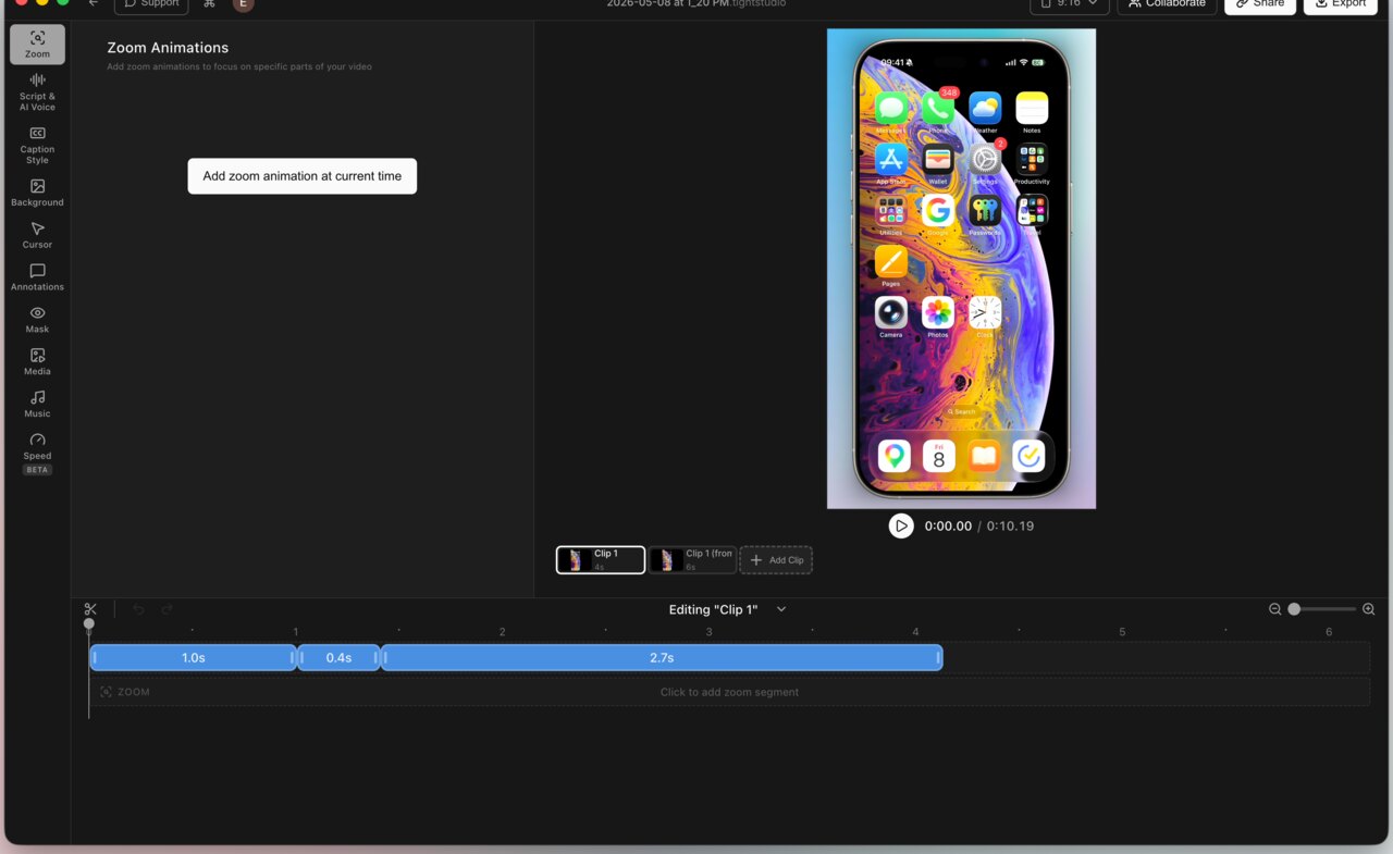 Tight Studio editor showing zoom controls, a framed iPhone recording, clip controls, and the mobile video timeline
