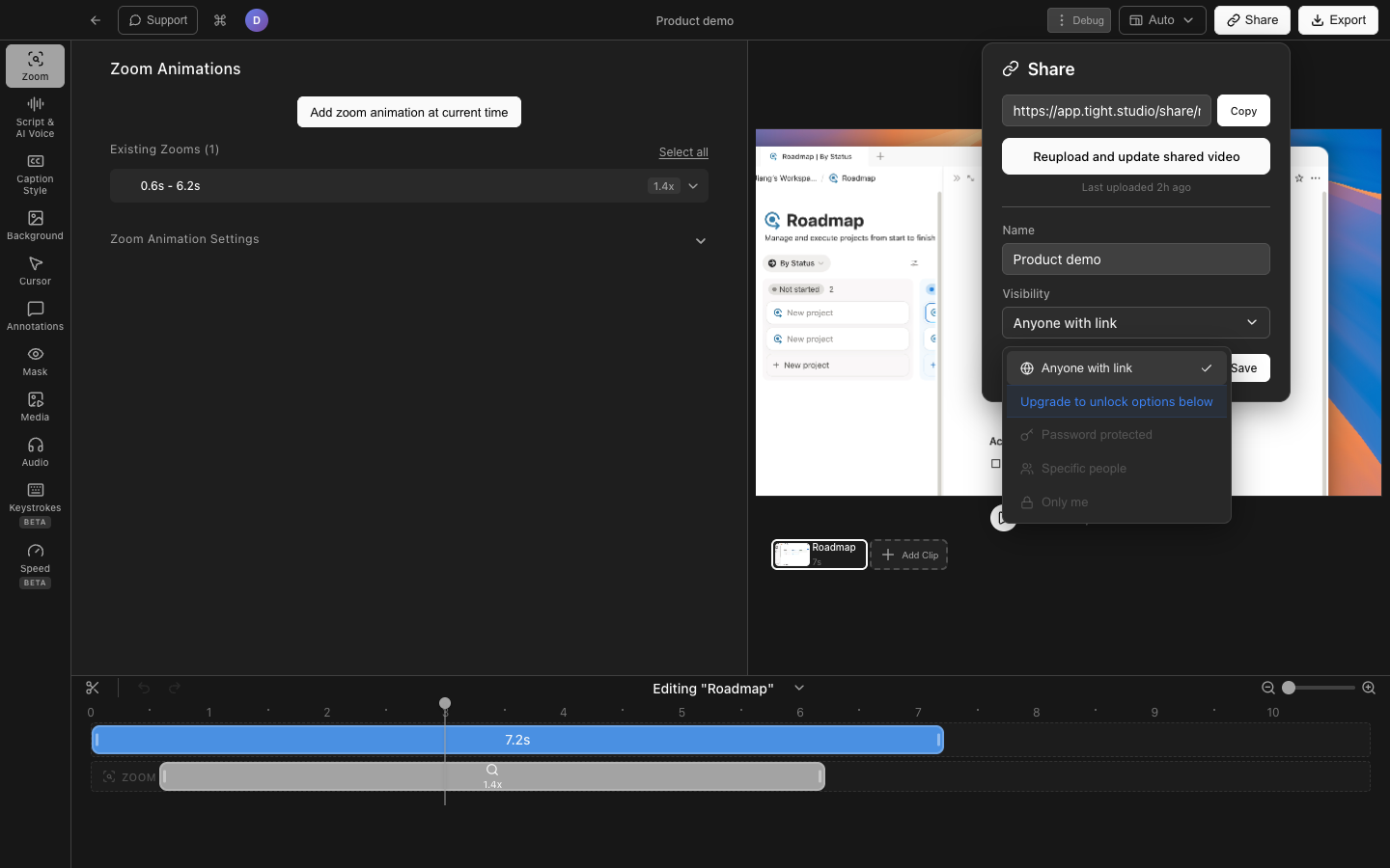 Tight Studio share settings showing Anyone with link, Password protected, Specific people, and Only me access options