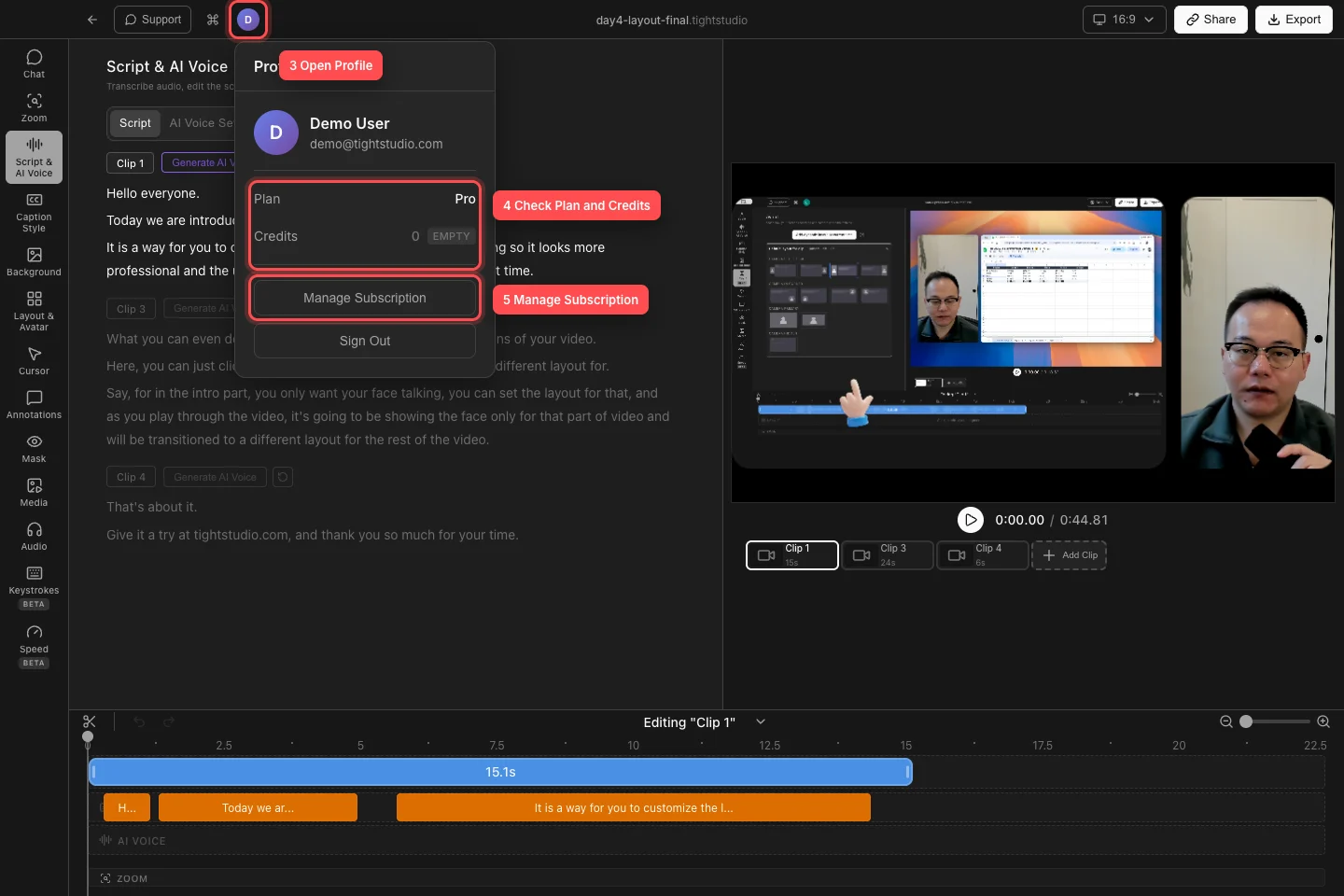 Un proyecto Tight Studio real con las filas de avatar de la barra superior, Plan y Créditos, y el botón Administrar suscripción resaltado en el panel de perfil.