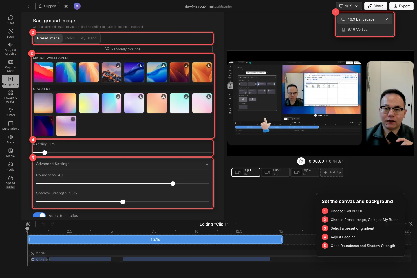 Un proyecto Tight Studio real con el menú 16:9 y 9:16, pestañas de fondo, presets de papel tapiz y gradiente, relleno, Roundness y fuerza de sombra resaltada.