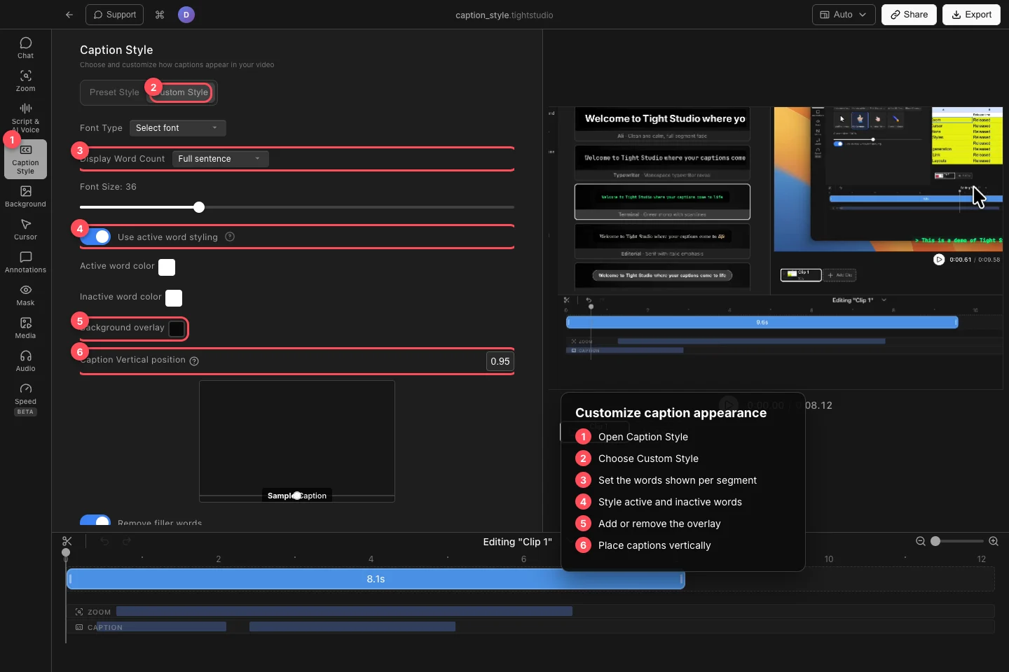 El proyecto real subtitulado_estilo Tight Studio con estilo de letra, estilo personalizado, cuenta de palabras, estilo de palabra activa, superposición de fondo y posición vertical resaltada.