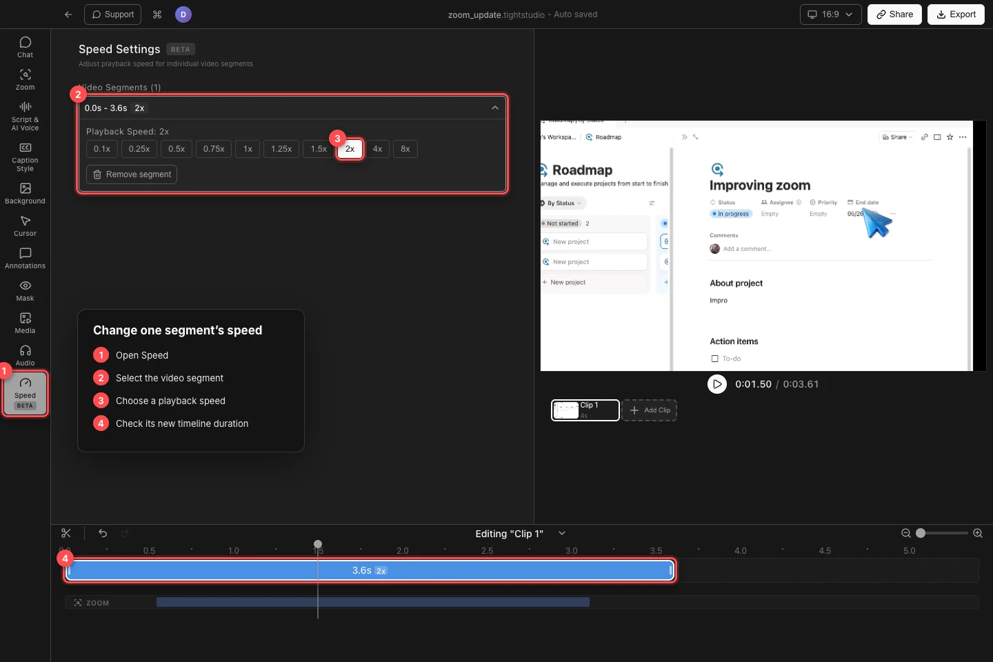 Un proyecto Tight Studio real con Speed, el segmento de video seleccionado, el preset de 2x y el segmento de línea de tiempo de 3,6 segundos más corto resaltado.