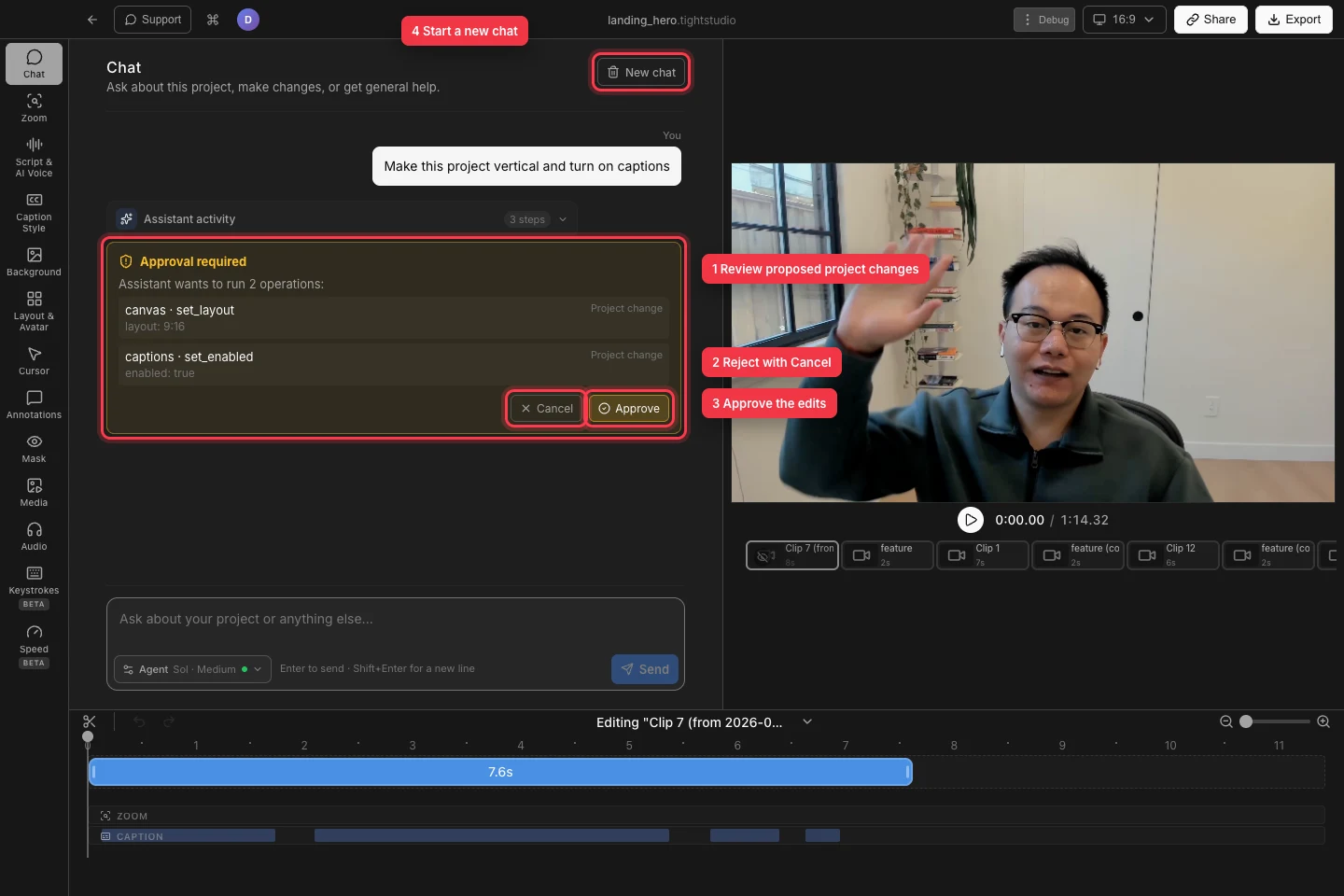 El verdadero proyecto landing_hero junto al Project Chat, con una tarjeta de aprobación requerida para cambios de lona vertical y subtítulos más Cancelar, Aprobar y Nuevos controles de chat resaltados.