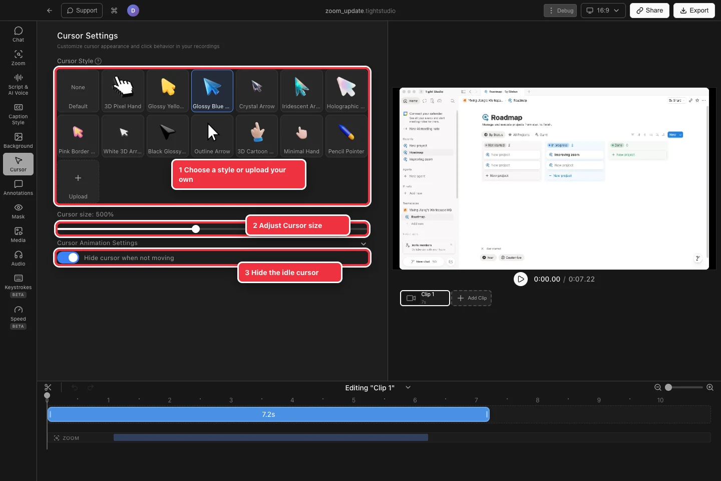 Configuración del cursor junto a una grabación de Notion real con la galería de estilo, el deslizador de tamaño y el cursor Ocultar cuando no se mueve resaltado.